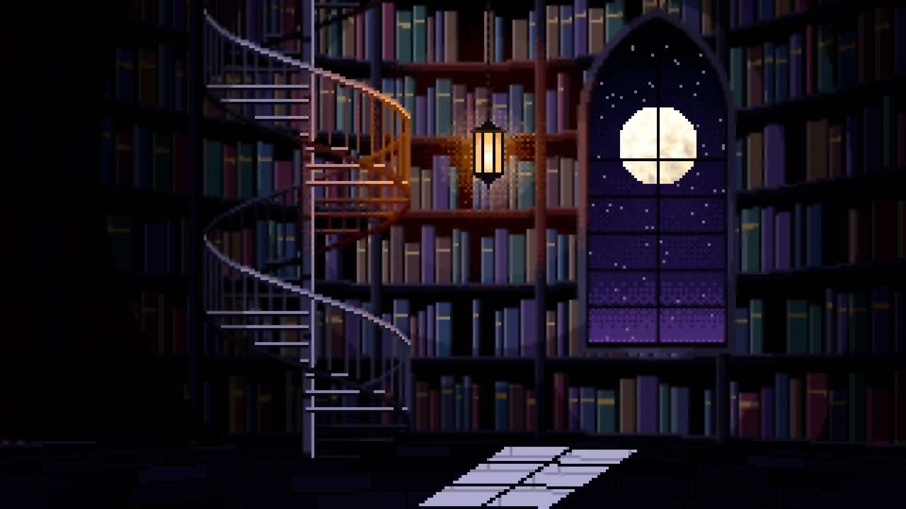 Black Pixel Art Gothic Library Staircase desktop wallpaper in 4K