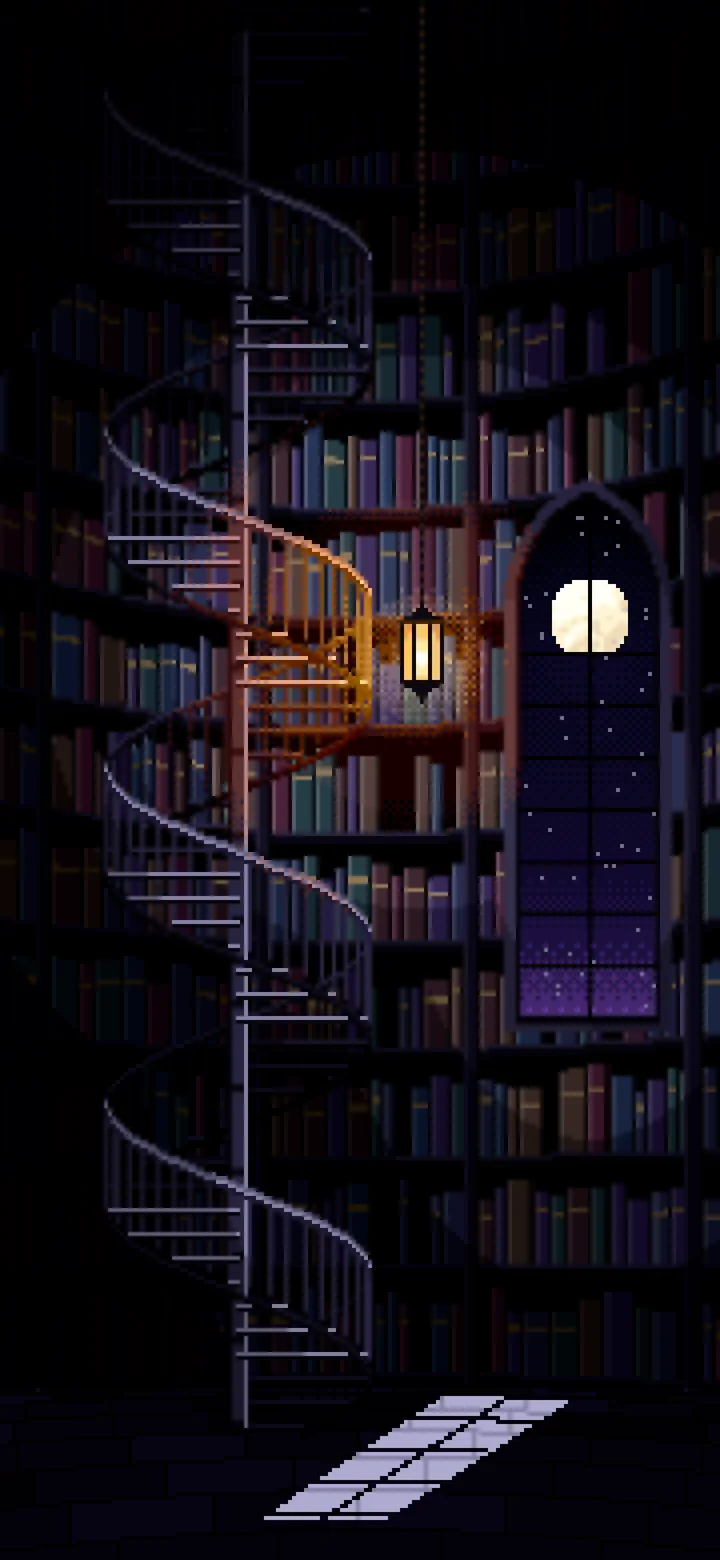 Black Pixel Art Gothic Library Staircase wallpaper for iPhone and Android