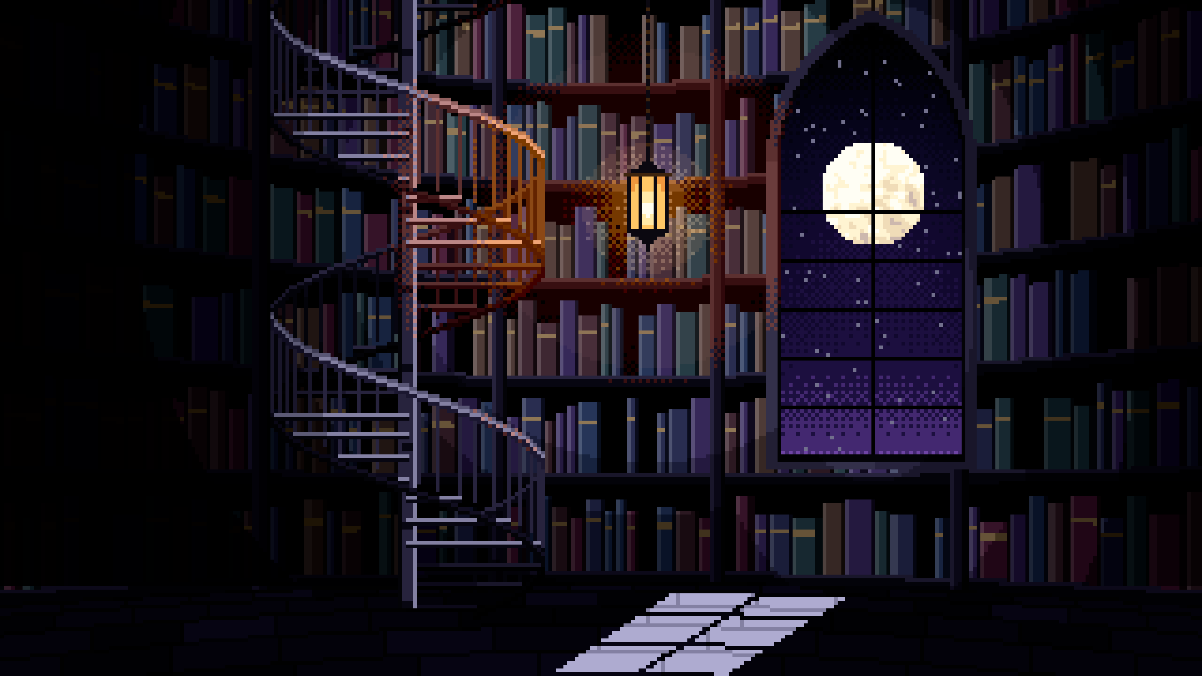 Black Pixel Art Gothic Library Staircase desktop wallpaper in 4K