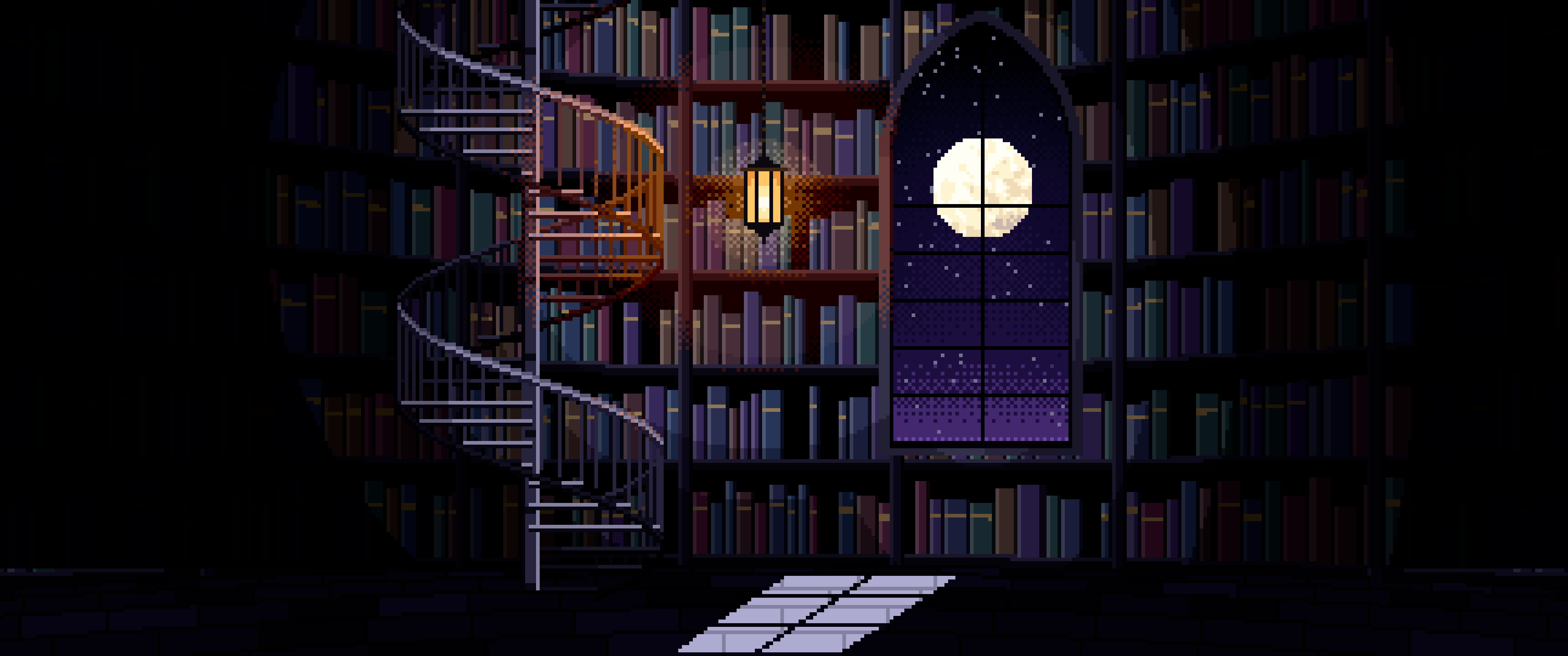 Black Pixel Art Gothic Library Staircase ultrawide wallpaper, 3440 × 1440