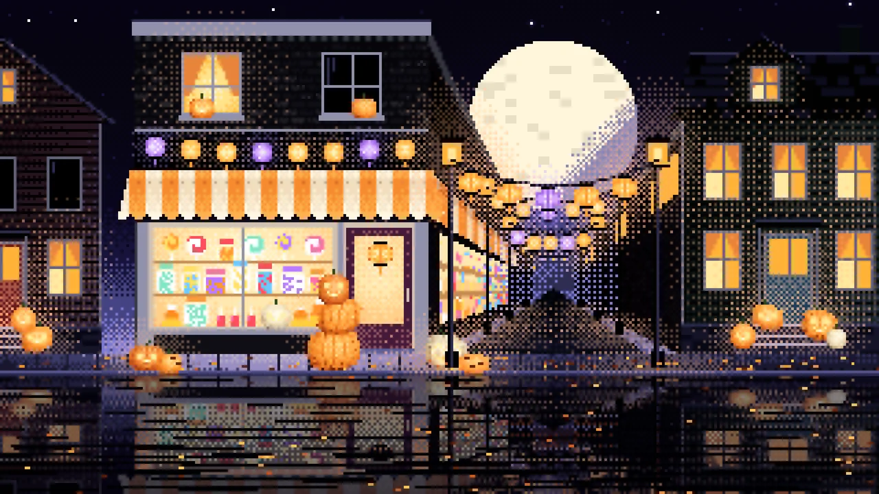 Black Pixel Art Halloween Candy Shop at Night desktop wallpaper in 4K