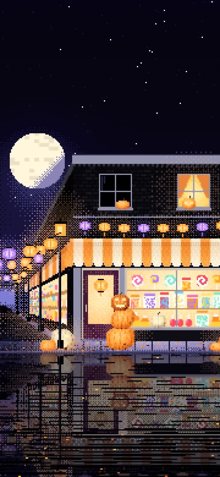 Black Pixel Art Halloween Candy Shop at Night wallpaper for iPhone and Android