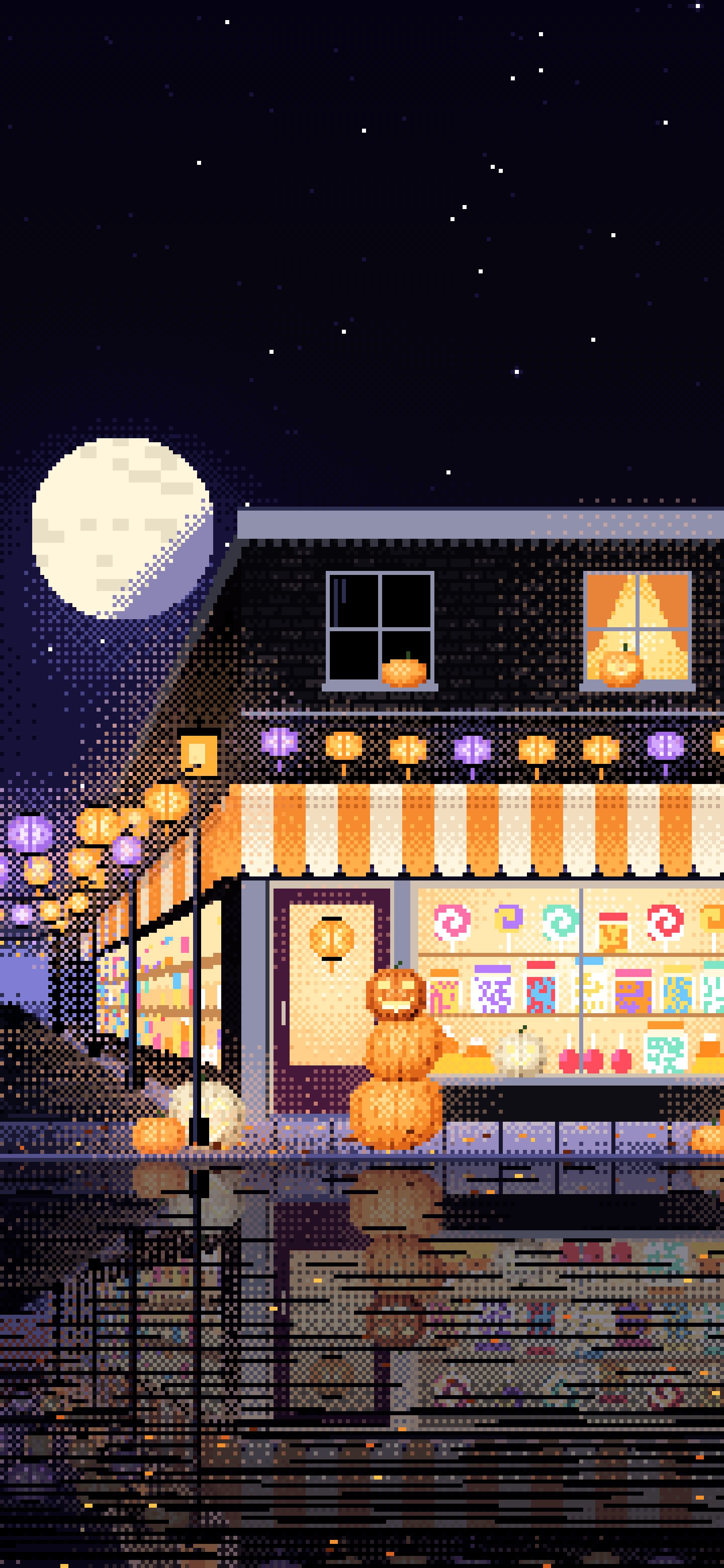 Black Pixel Art Halloween Candy Shop at Night wallpaper for iPhone and Android