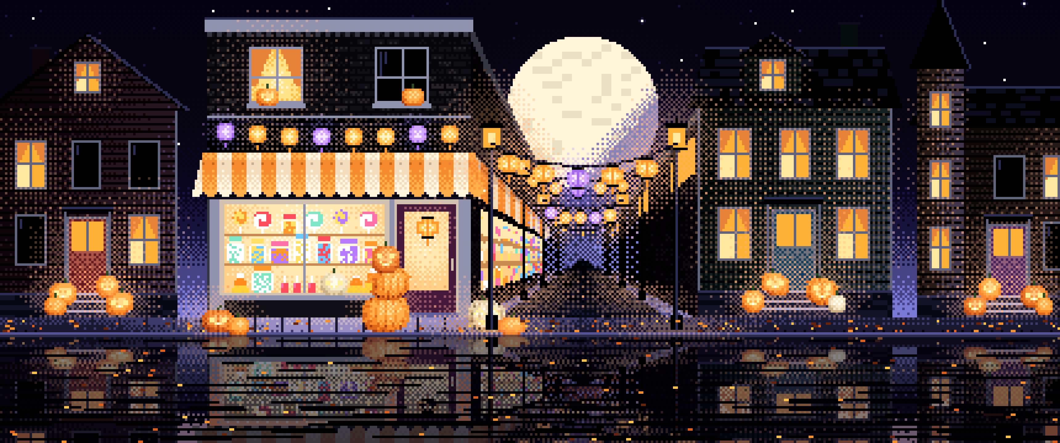 Black Pixel Art Halloween Candy Shop at Night ultrawide wallpaper, 3440 × 1440