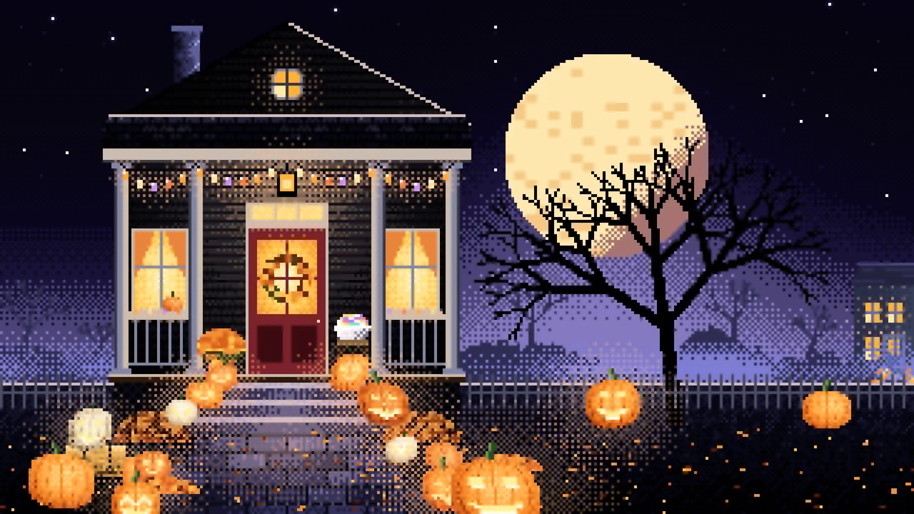 Black Pixel Art Halloween Front Porch at Night desktop wallpaper in 4K