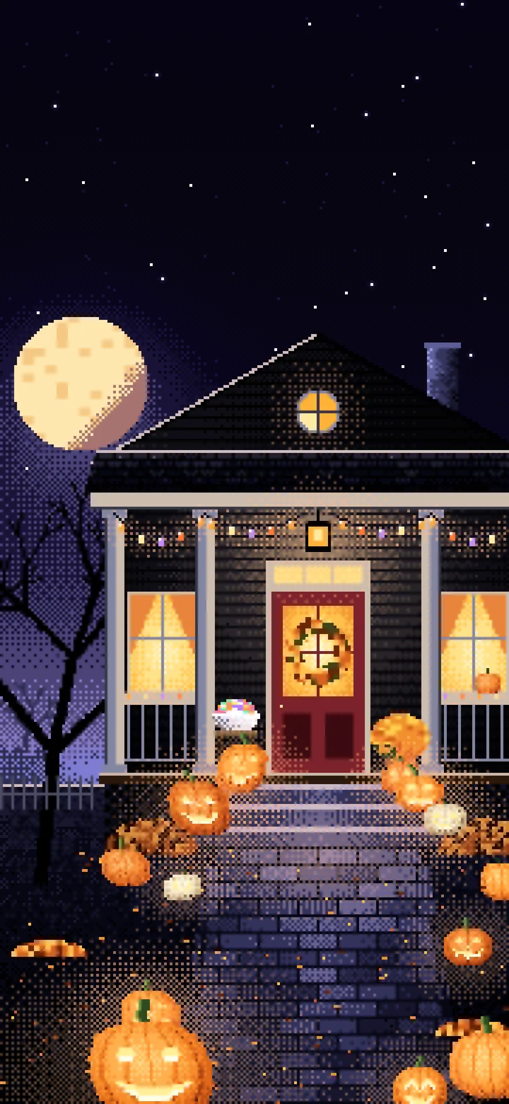 Black Pixel Art Halloween Front Porch at Night wallpaper for iPhone and Android