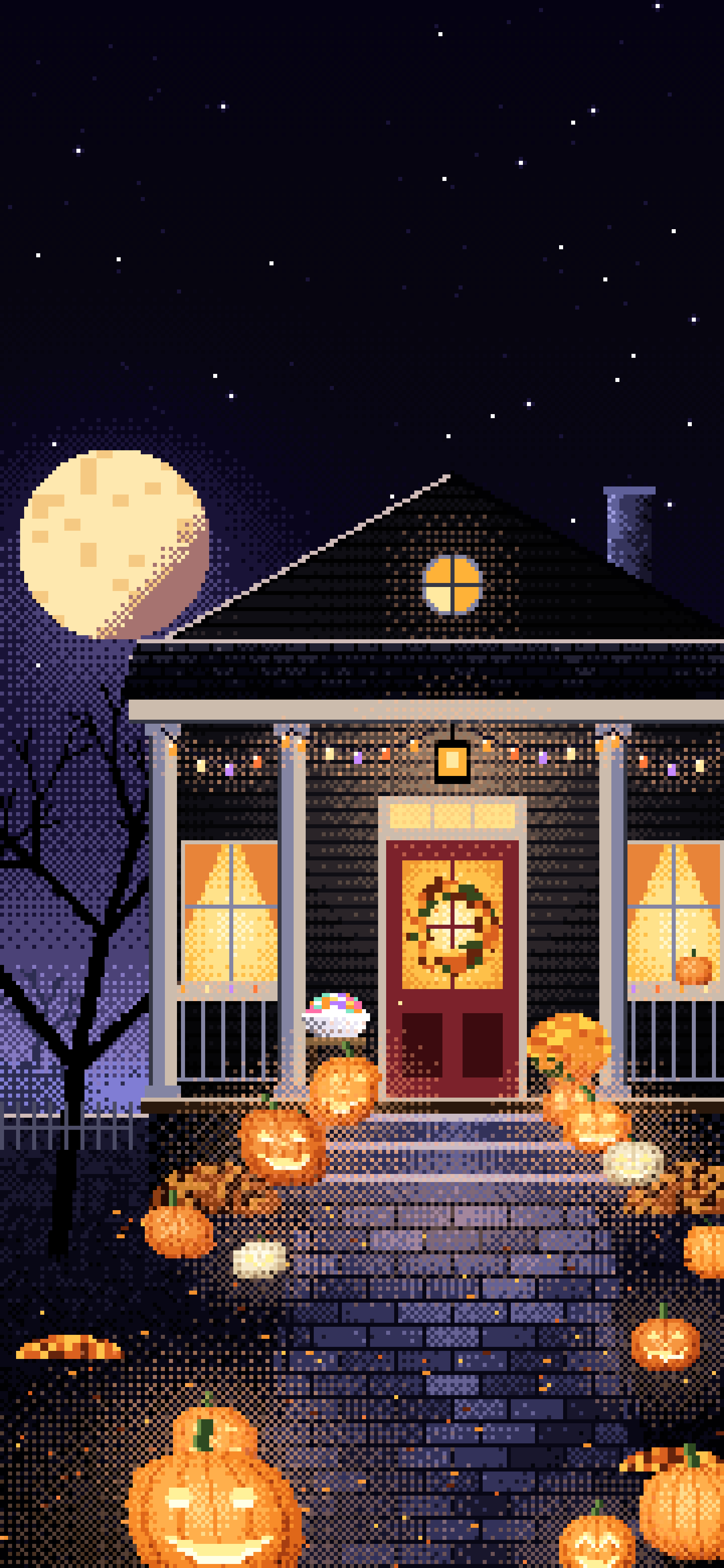 Black Pixel Art Halloween Front Porch at Night wallpaper for iPhone and Android