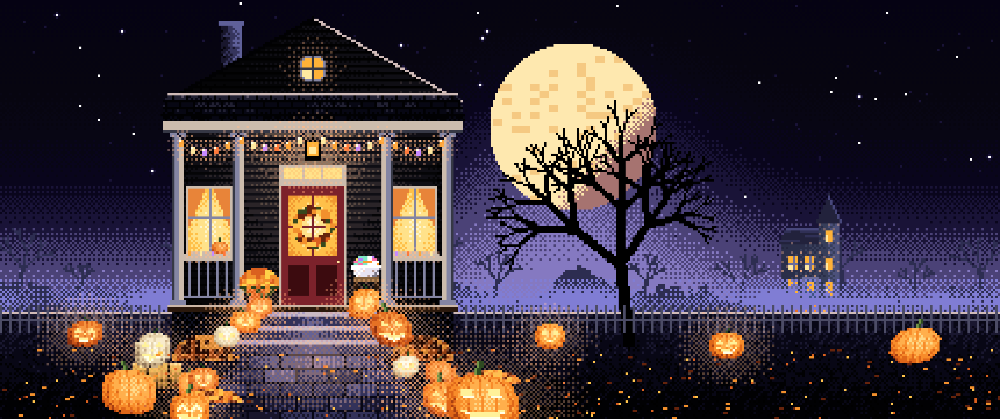Black Pixel Art Halloween Front Porch at Night ultrawide wallpaper, 3440 × 1440