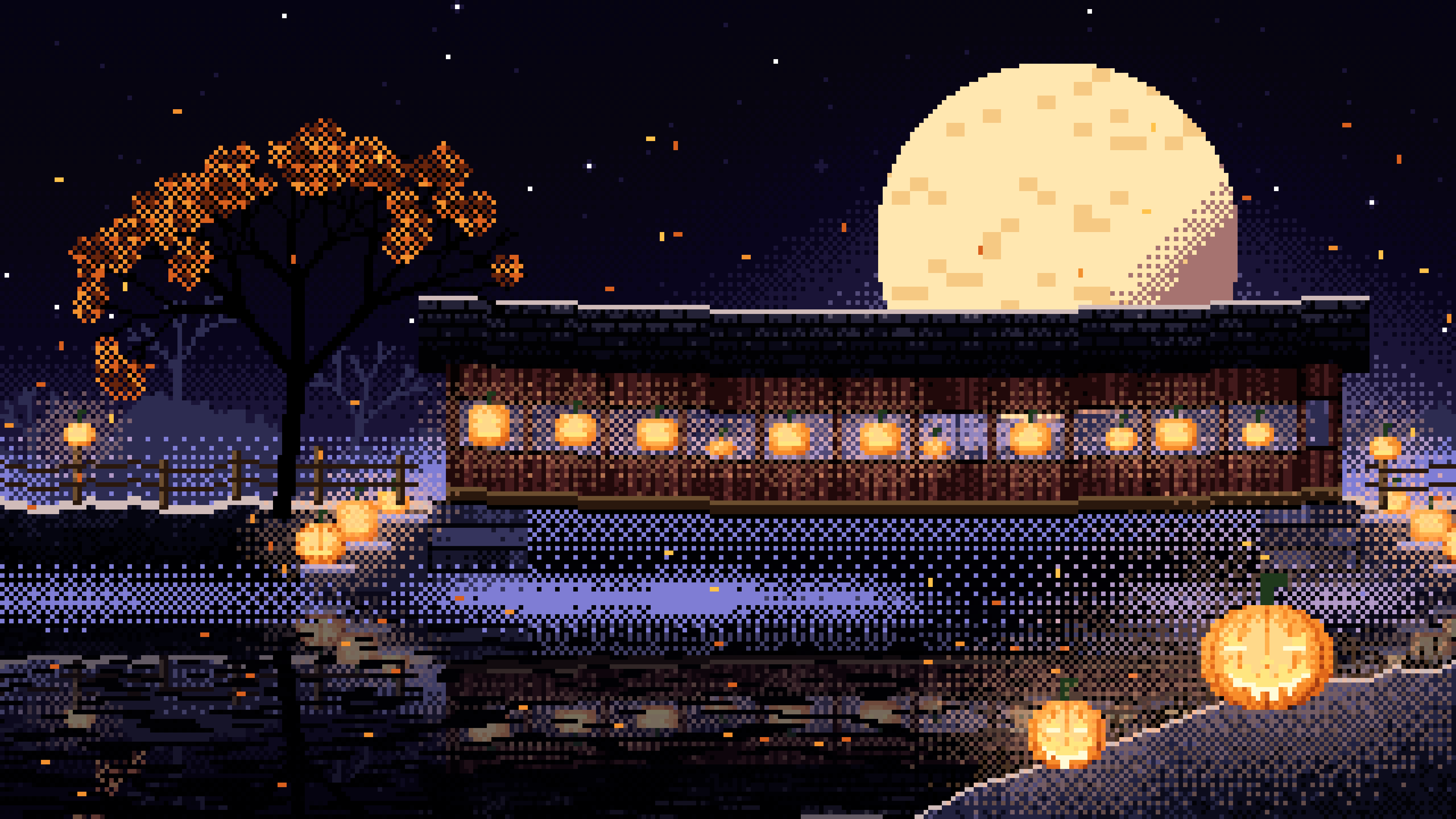 Black Pixel Art Halloween Pumpkin Bridge at Night desktop wallpaper in 4K