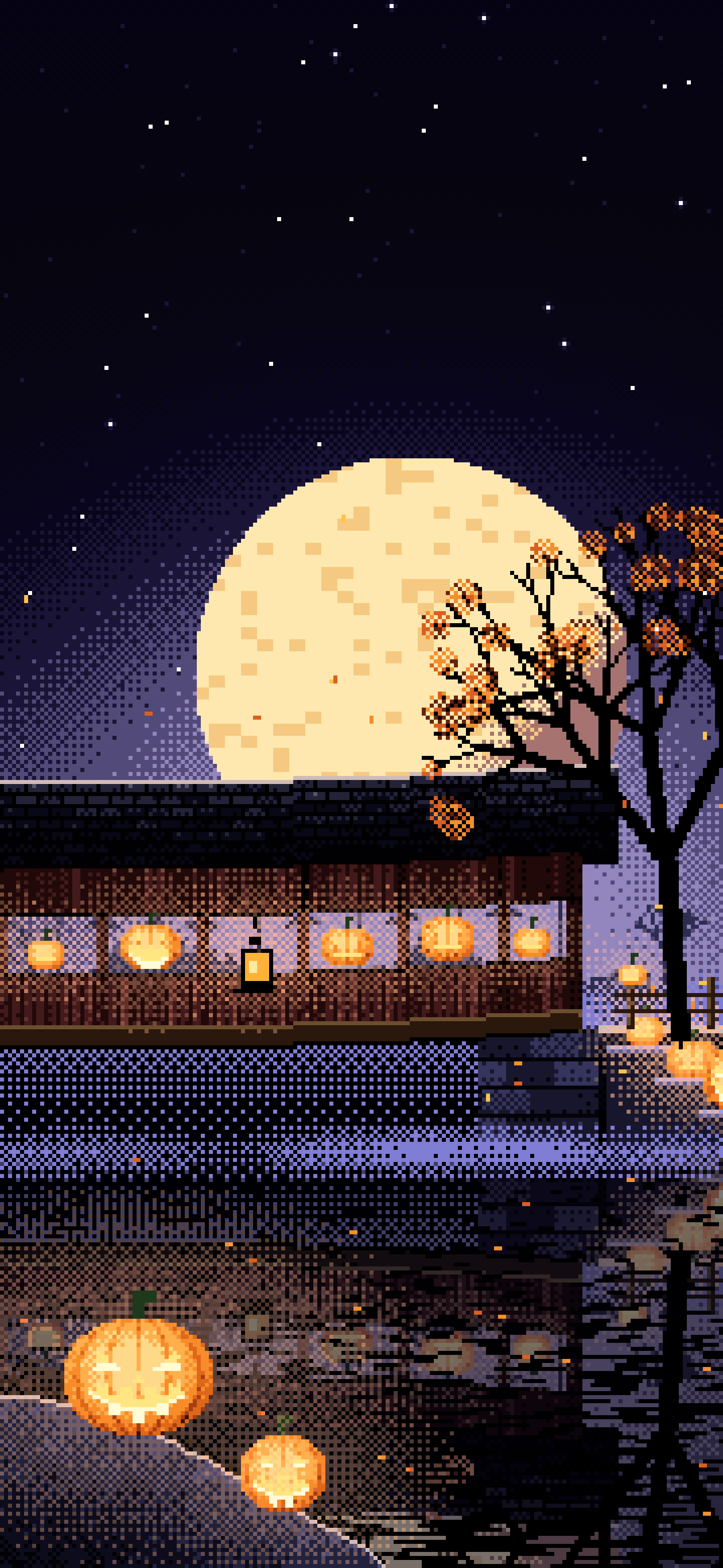 Black Pixel Art Halloween Pumpkin Bridge at Night wallpaper for iPhone and Android
