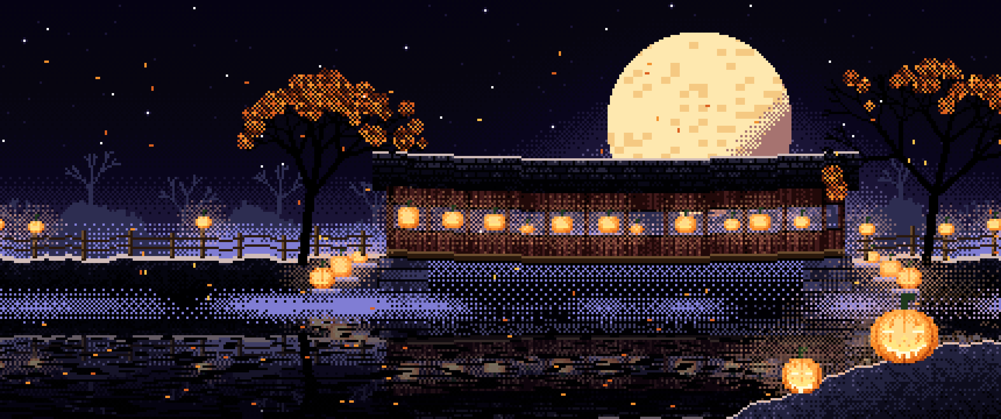 Black Pixel Art Halloween Pumpkin Bridge at Night ultrawide wallpaper, 3440 × 1440