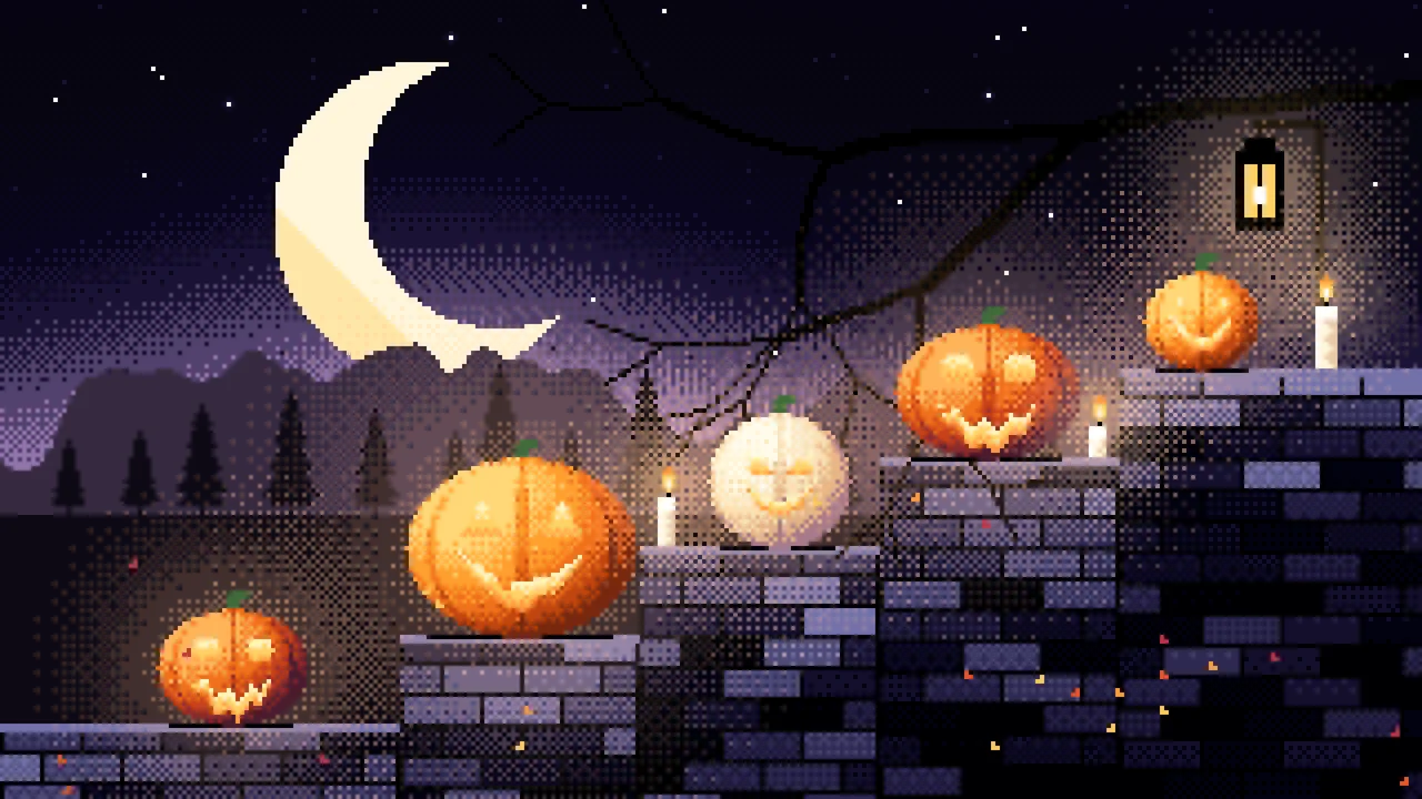Black Pixel Art Halloween Steps desktop wallpaper in 4K