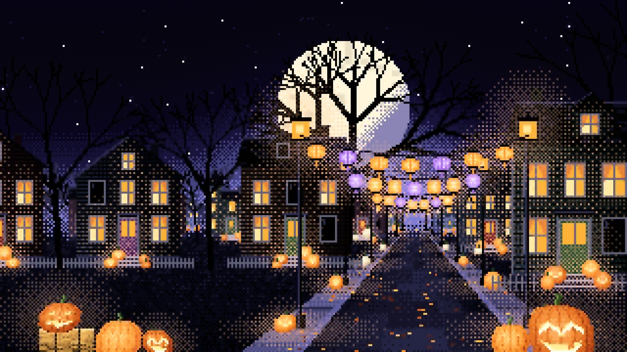Black Pixel Art Halloween Town Street at Night desktop wallpaper in 4K
