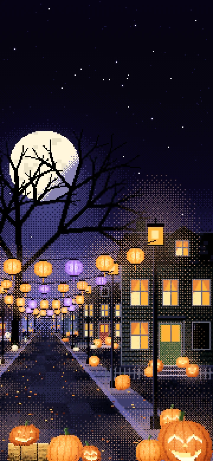 Black Pixel Art Halloween Town Street at Night wallpaper for iPhone and Android