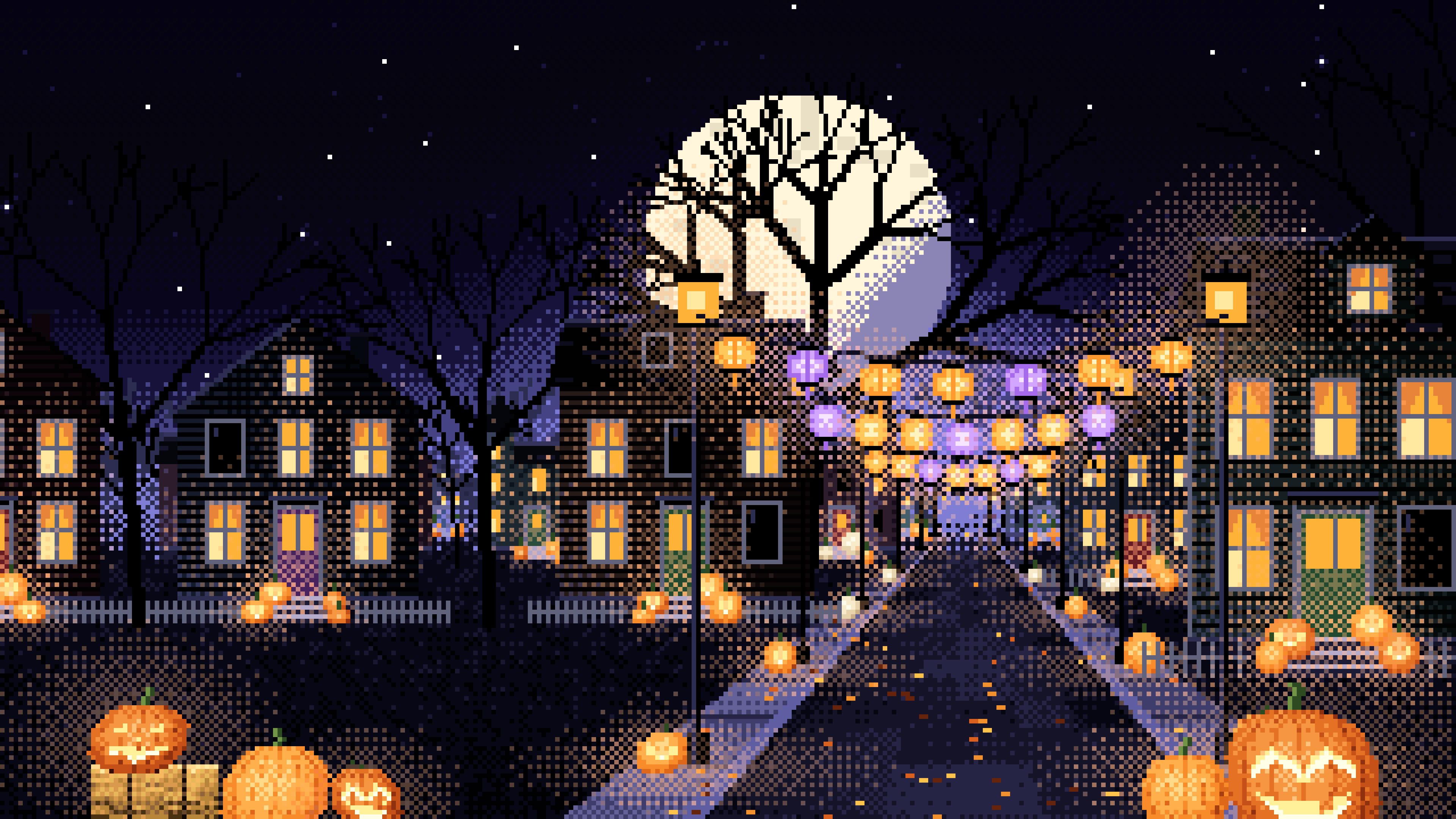 Black Pixel Art Halloween Town Street at Night desktop wallpaper in 4K