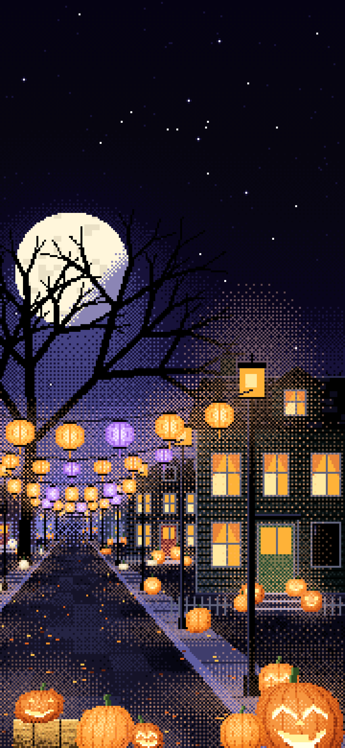Black Pixel Art Halloween Town Street at Night wallpaper for iPhone and Android