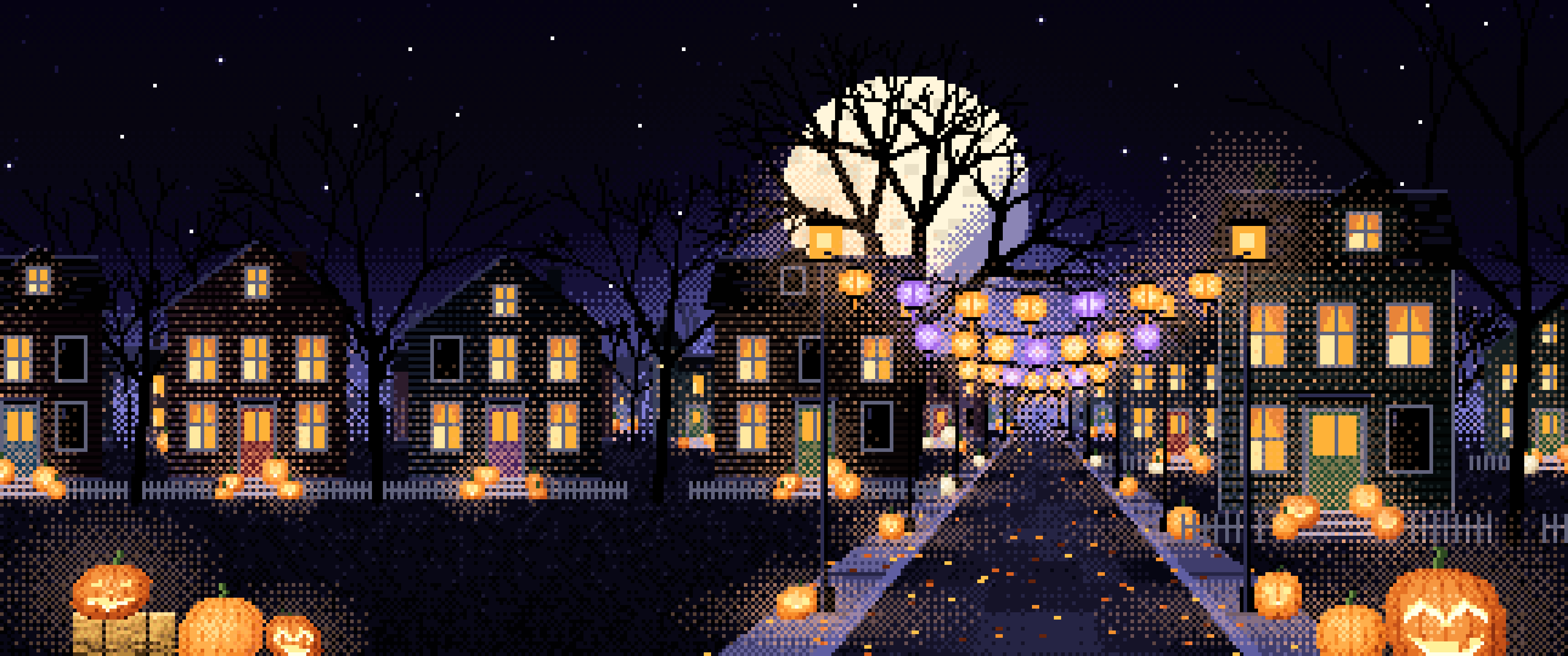 Black Pixel Art Halloween Town Street at Night ultrawide wallpaper, 3440 × 1440