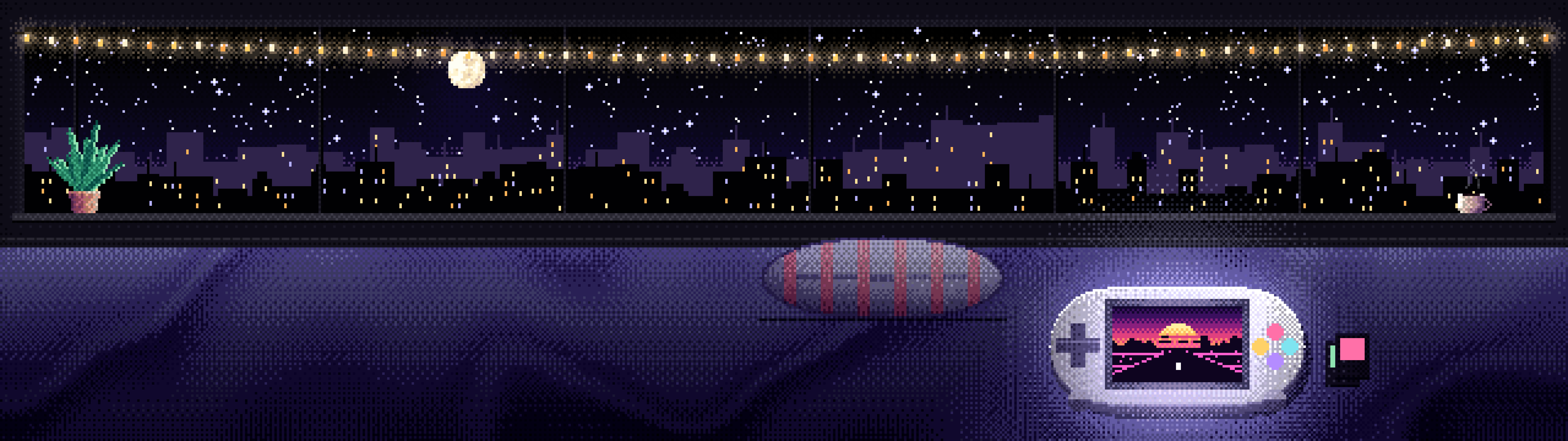 Black Pixel Art Handheld Game Console dual monitor wallpaper, 7680 × 2160