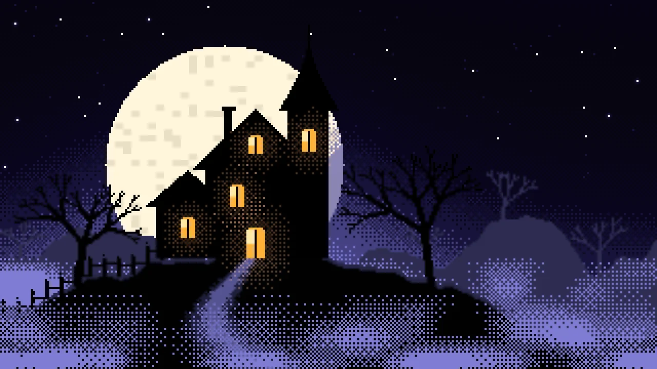 Black Pixel Art Haunted House desktop wallpaper in 4K