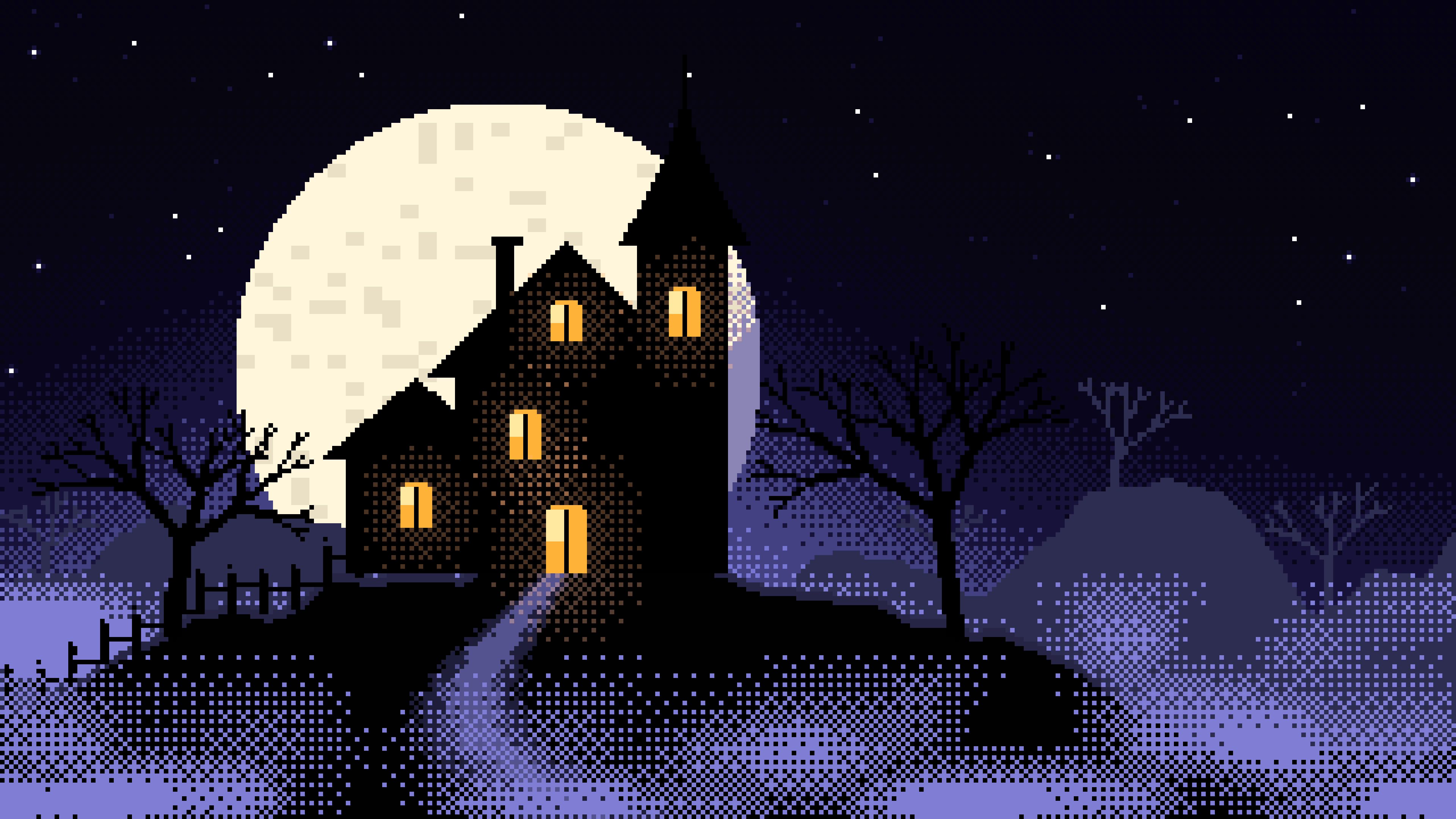 Black Pixel Art Haunted House desktop wallpaper in 4K