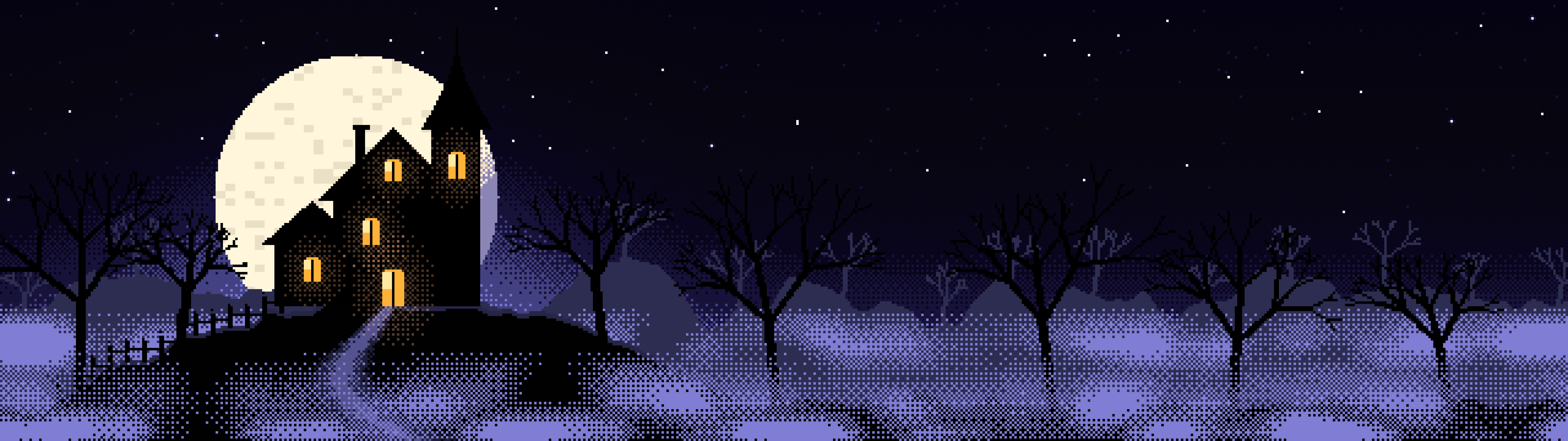 Black Pixel Art Haunted House dual monitor wallpaper, 7680 × 2160
