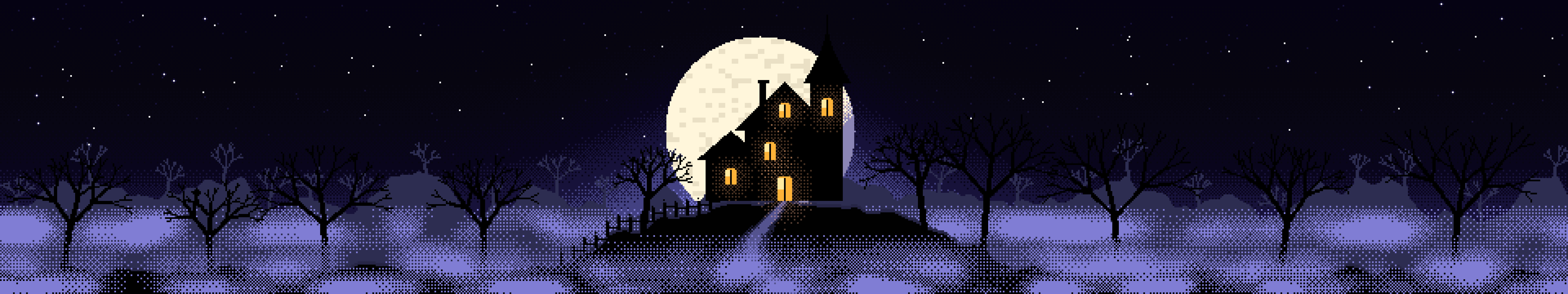 Black Pixel Art Haunted House triple monitor wallpaper, 7680 × 1440
