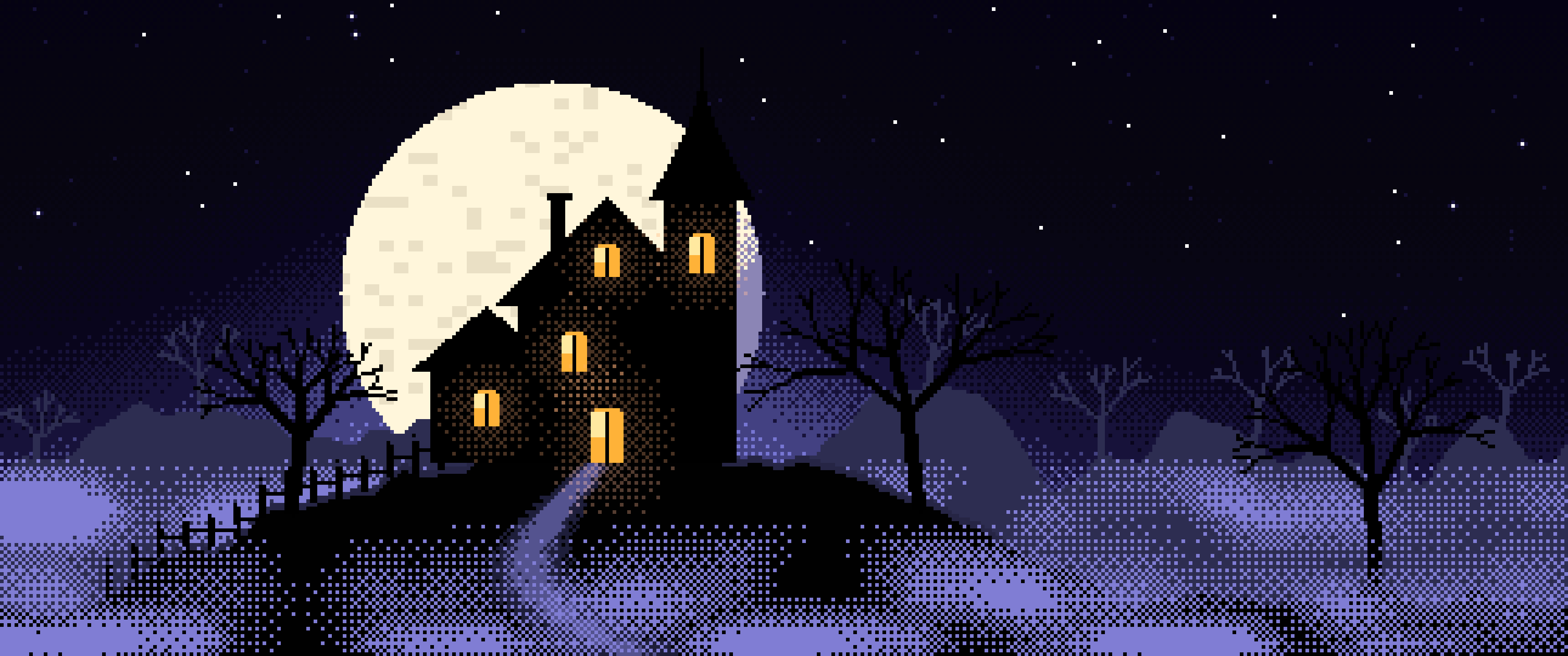 Black Pixel Art Haunted House ultrawide wallpaper, 3440 × 1440