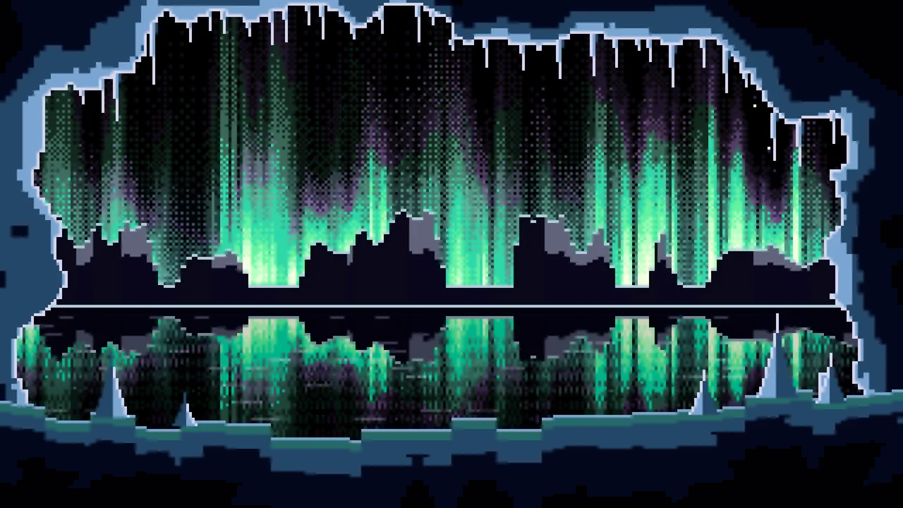 Black Pixel Art Ice Cave and Northern Lights desktop wallpaper in 4K