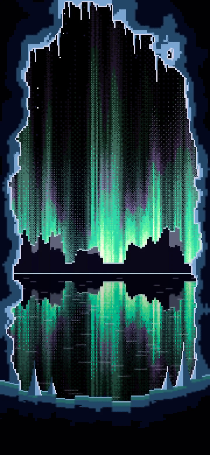 Black Pixel Art Ice Cave and Northern Lights wallpaper for iPhone and Android
