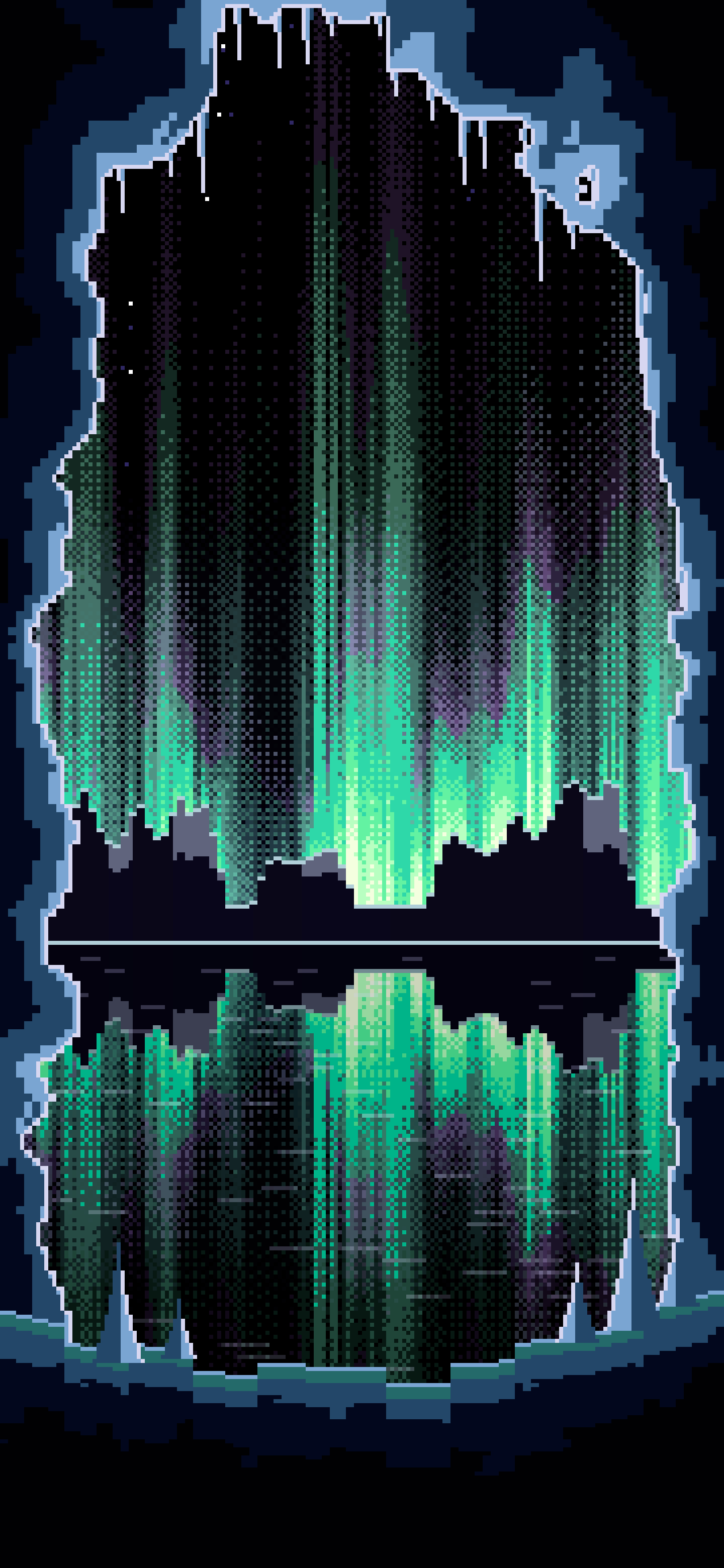 Black Pixel Art Ice Cave and Northern Lights wallpaper for iPhone and Android