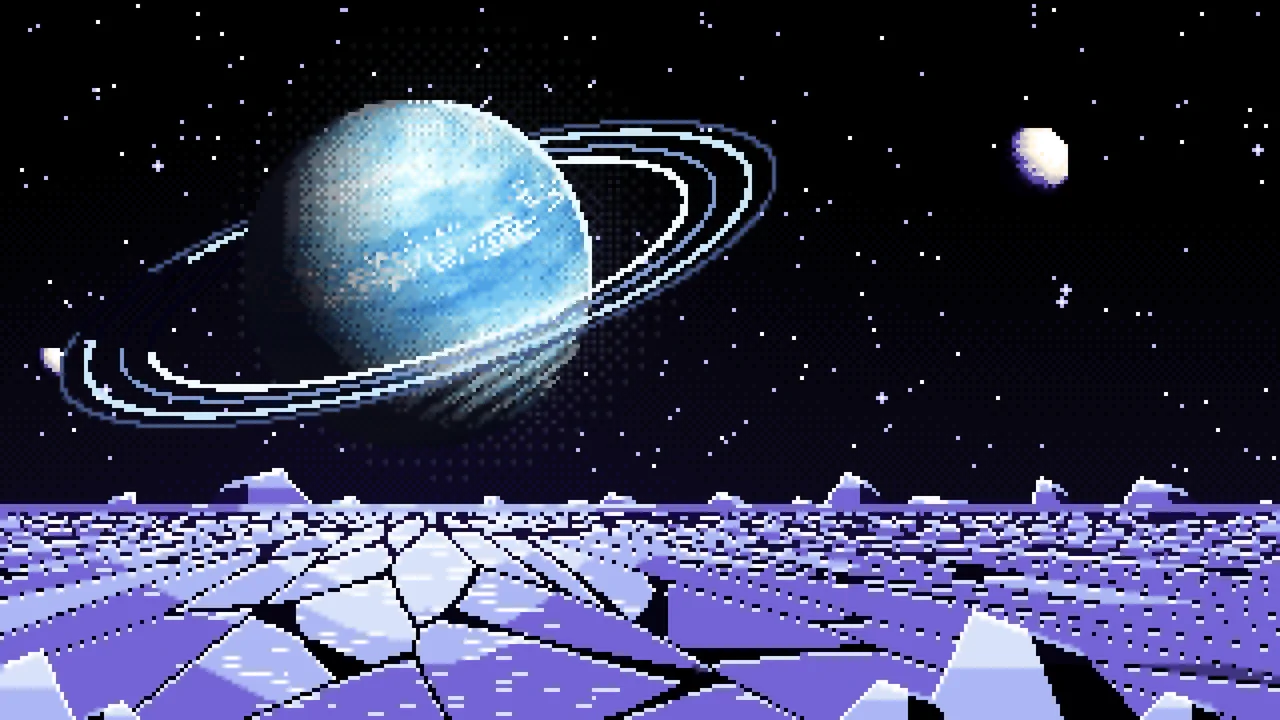 Black Pixel Art Ice Planet Over a Frozen Ocean desktop wallpaper in 4K