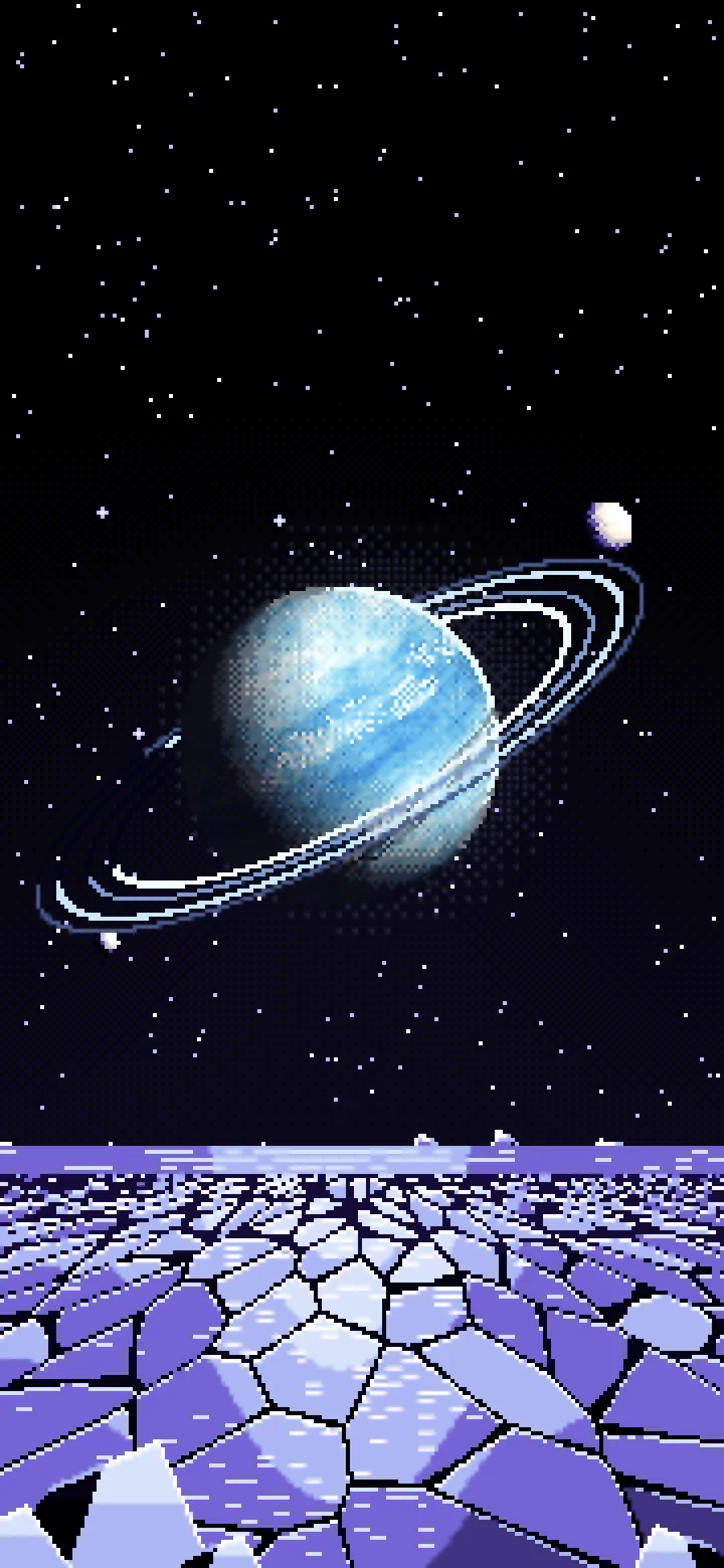 Black Pixel Art Ice Planet Over a Frozen Ocean wallpaper for iPhone and Android