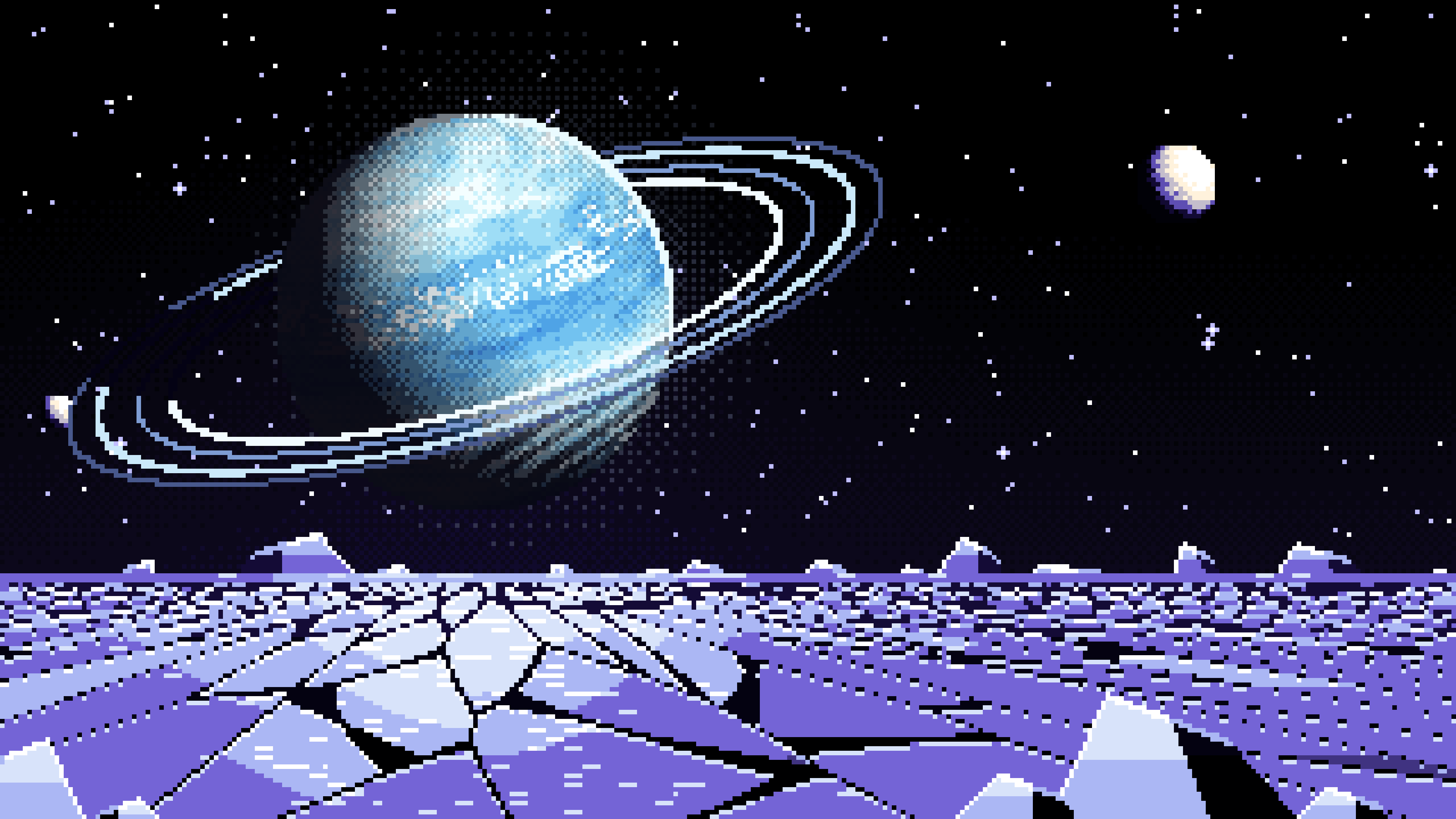 Black Pixel Art Ice Planet Over a Frozen Ocean desktop wallpaper in 4K