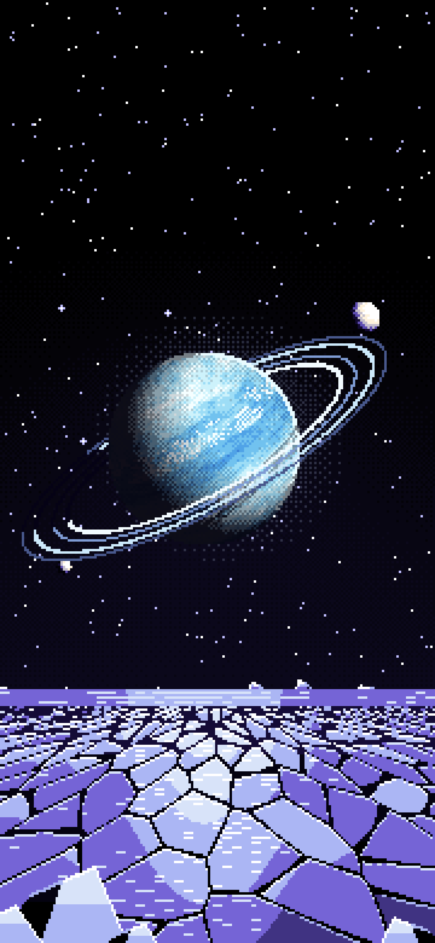 Black Pixel Art Ice Planet Over a Frozen Ocean wallpaper for iPhone and Android