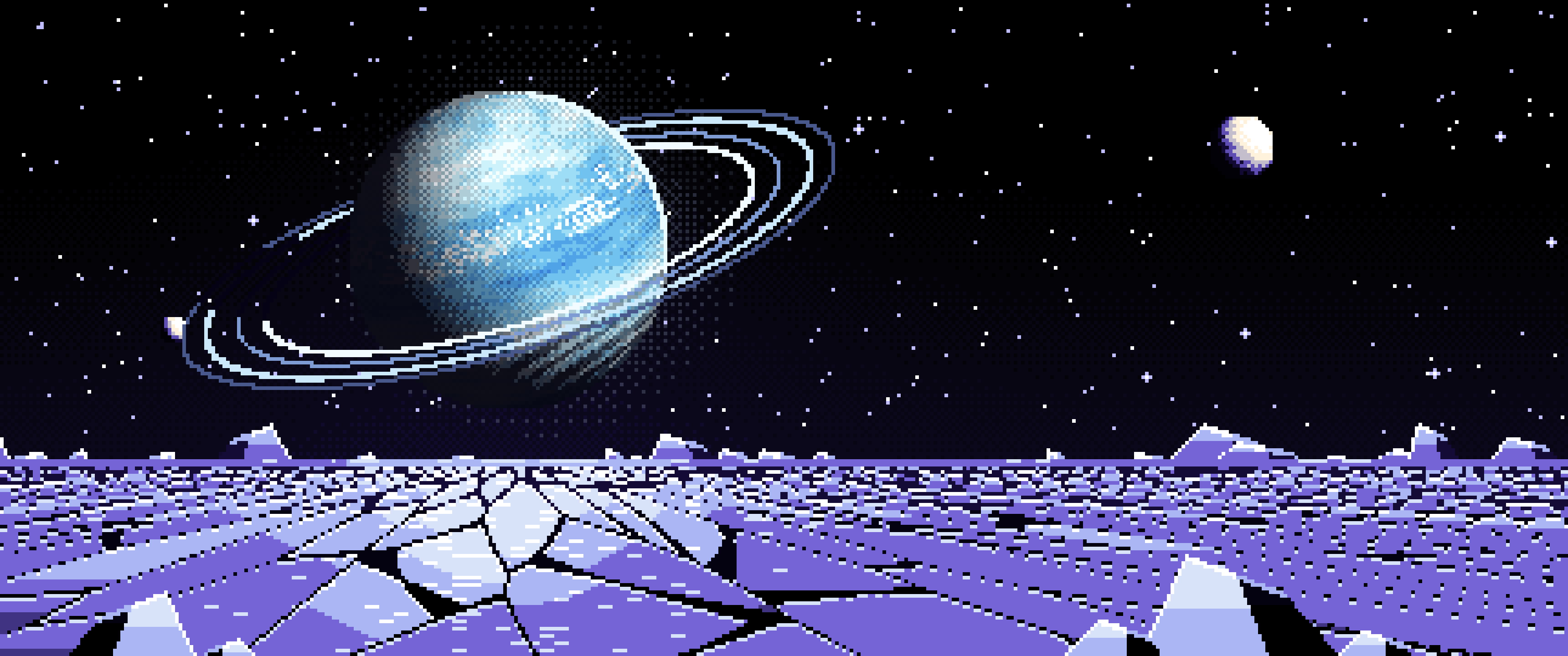Black Pixel Art Ice Planet Over a Frozen Ocean ultrawide wallpaper, 3440 × 1440