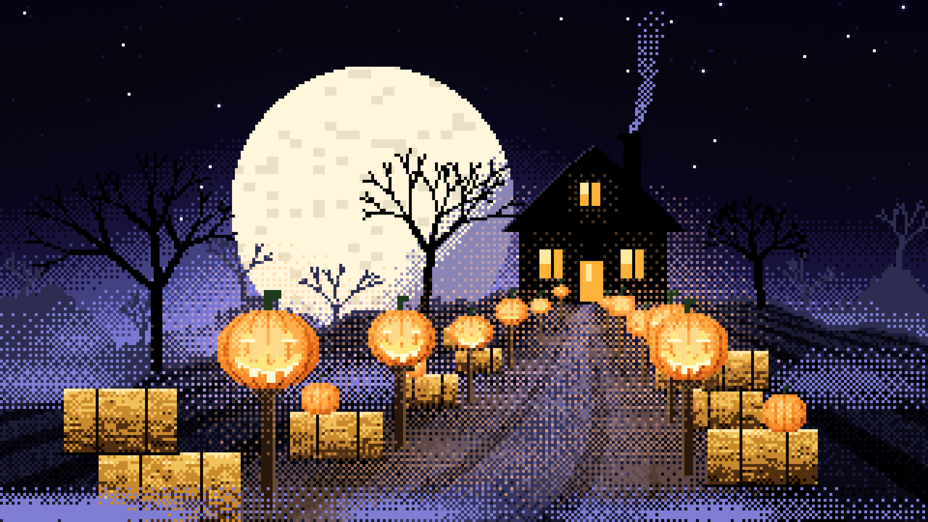 Black Pixel Art Jack O Lantern Path desktop wallpaper in 4K