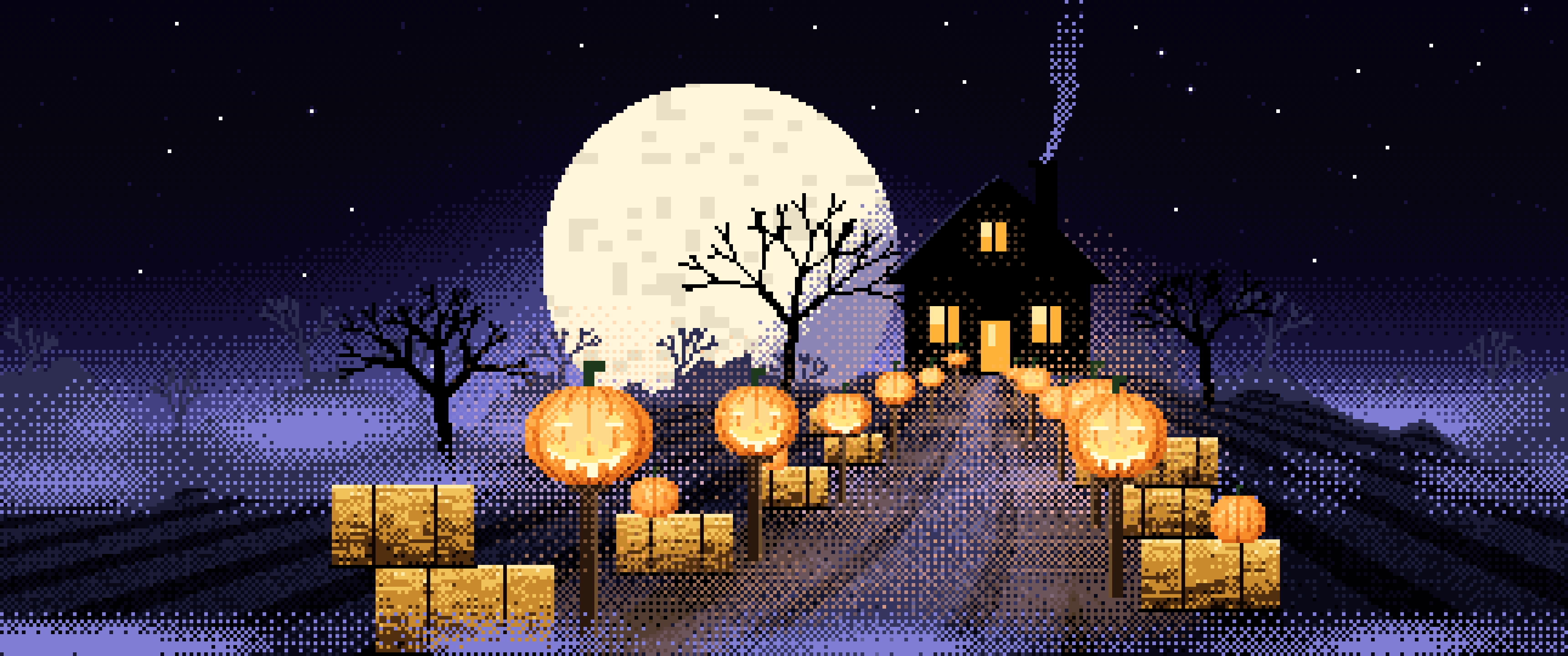 Black Pixel Art Jack O Lantern Path ultrawide wallpaper, 3440 × 1440
