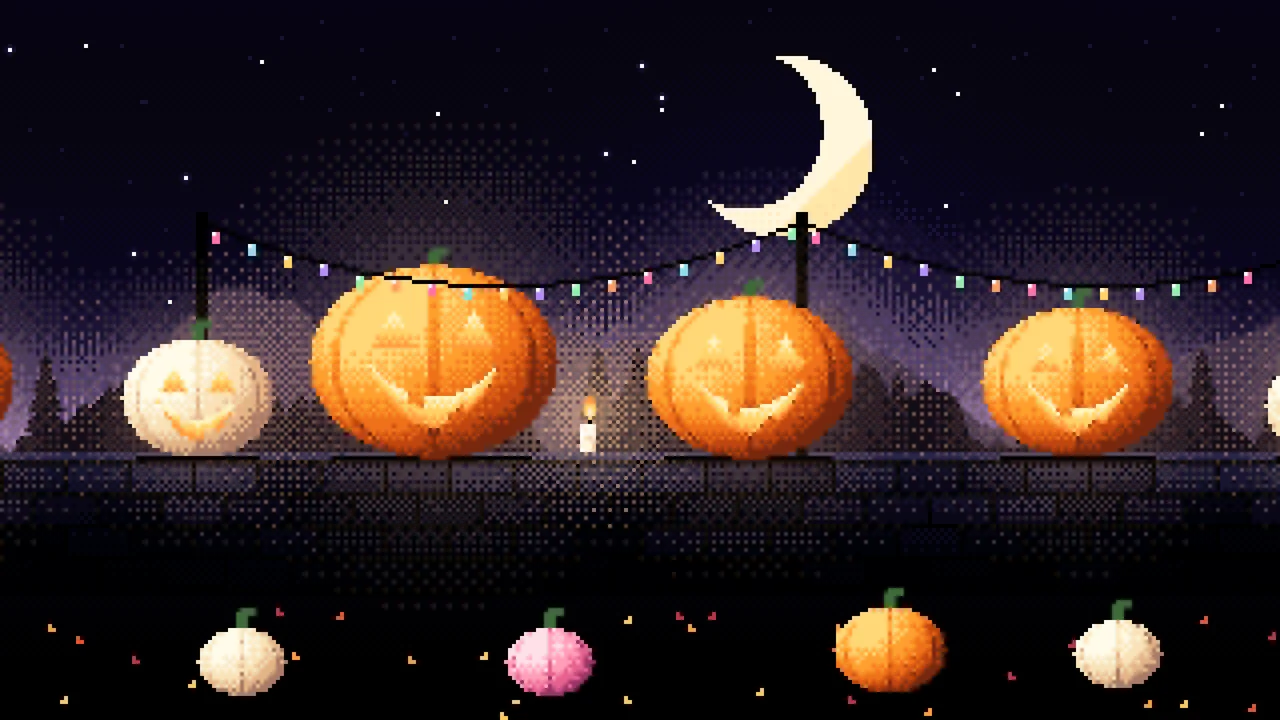 Black Pixel Art Jack O Lanterns desktop wallpaper in 4K
