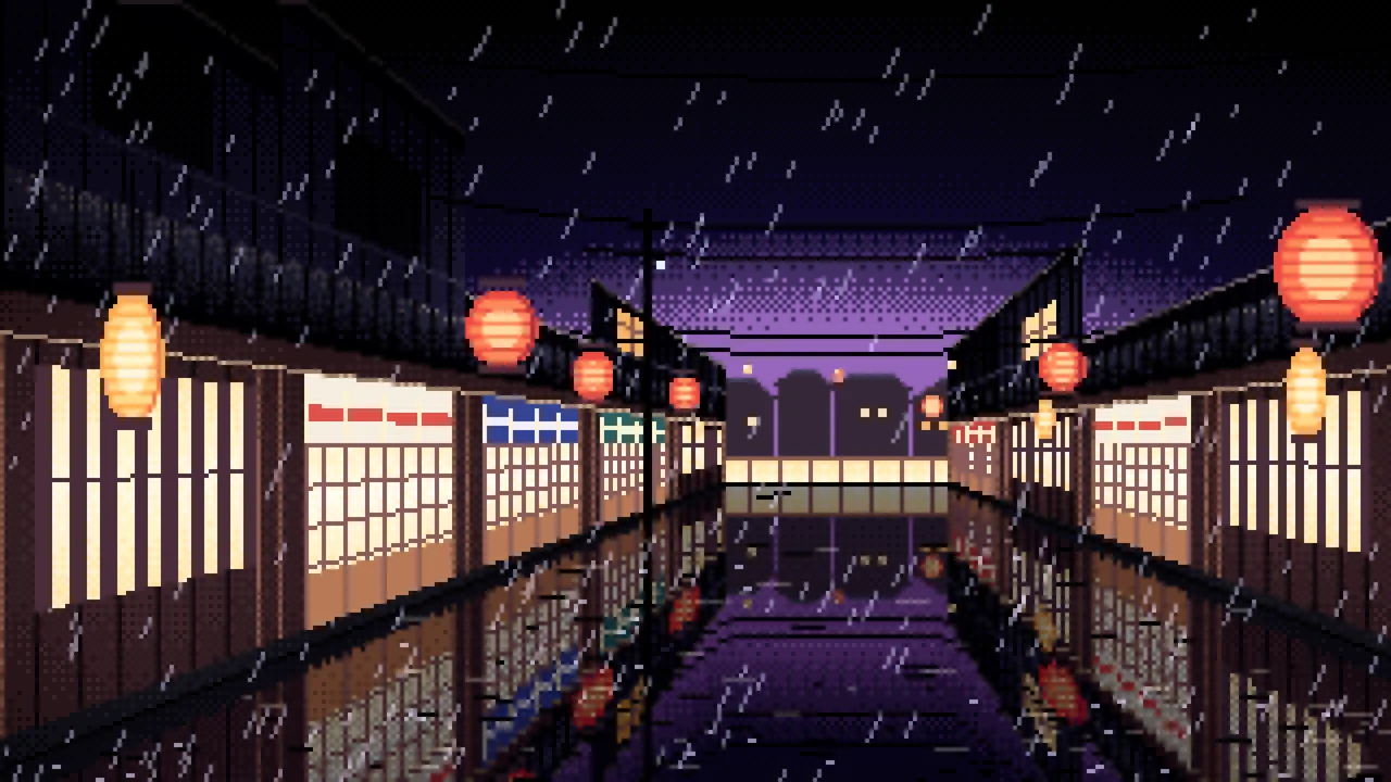 Black Pixel Art Japanese Alley at Night in the Rain desktop wallpaper in 4K