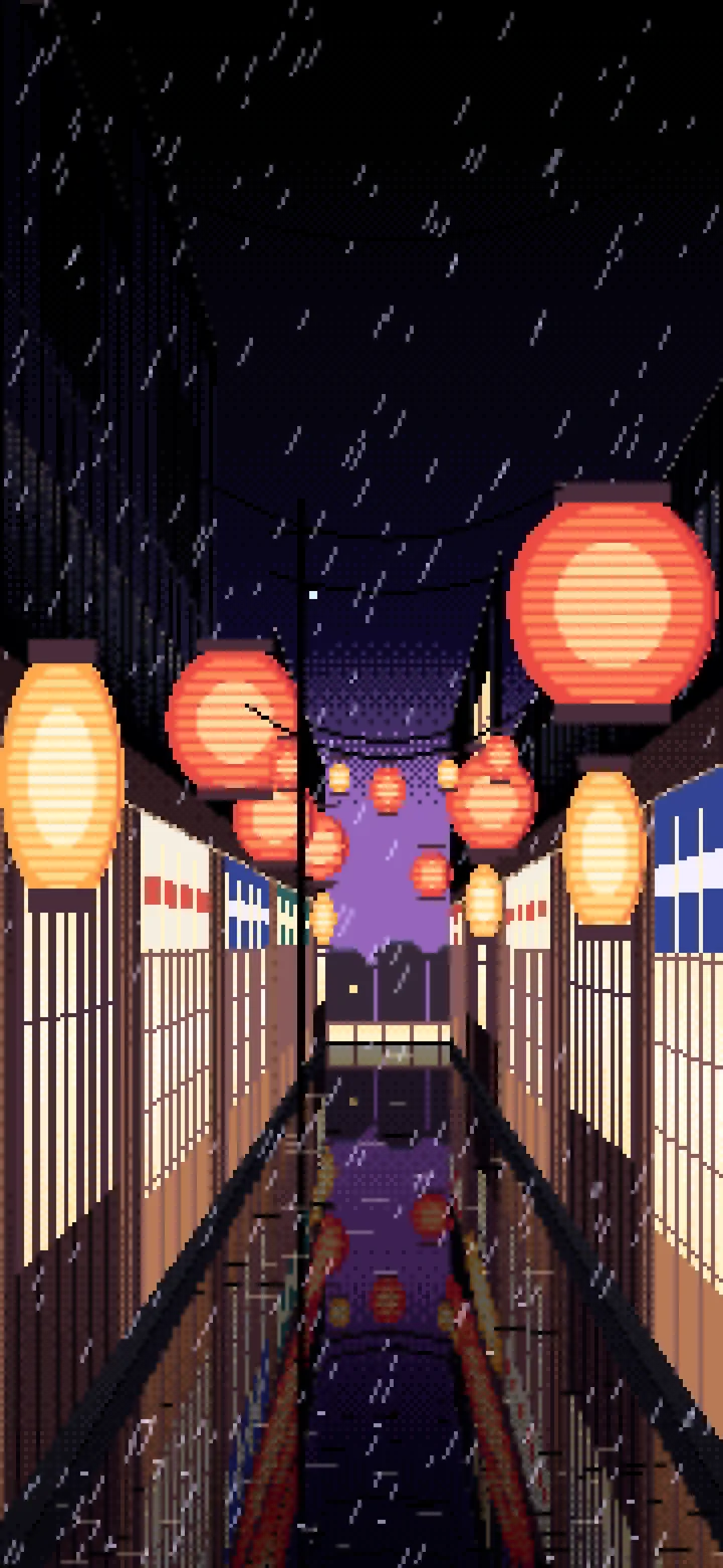 Black Pixel Art Japanese Alley at Night in the Rain wallpaper for iPhone and Android