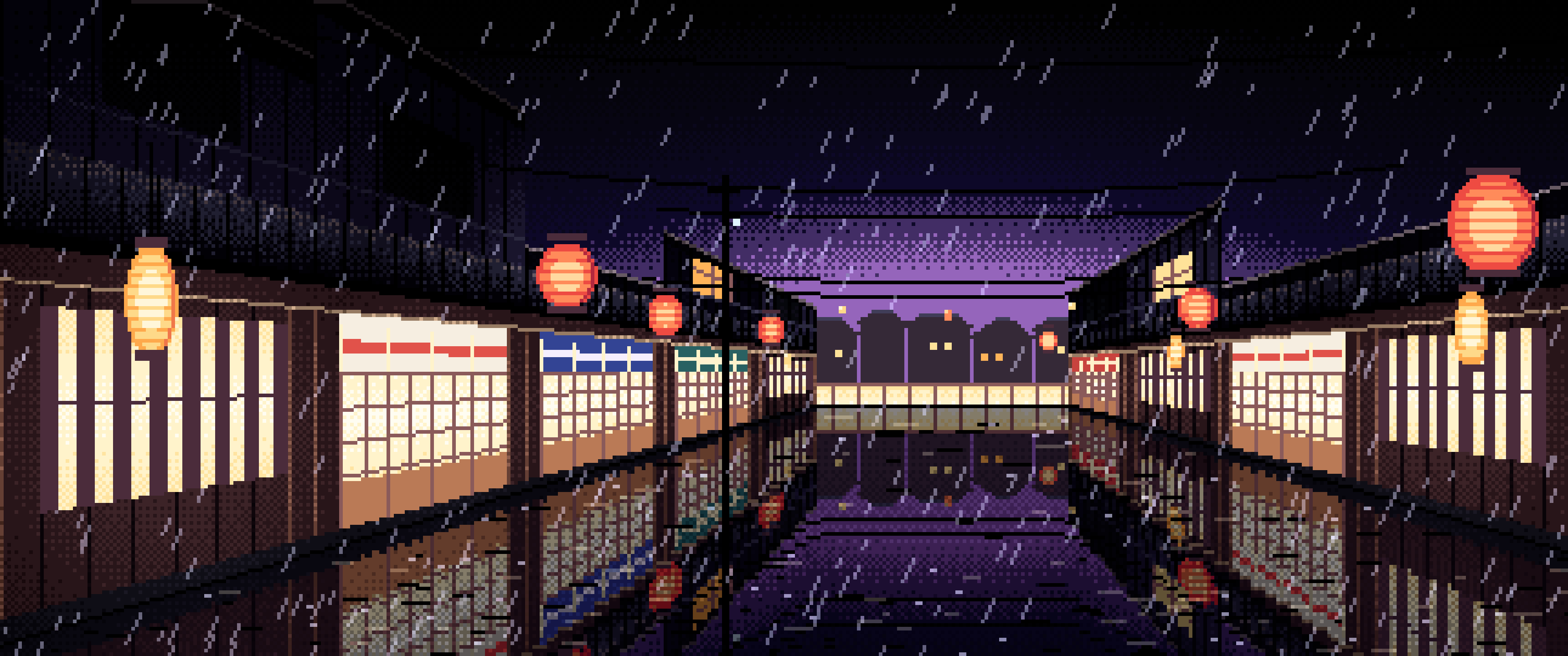 Black Pixel Art Japanese Alley at Night in the Rain ultrawide wallpaper, 3440 × 1440