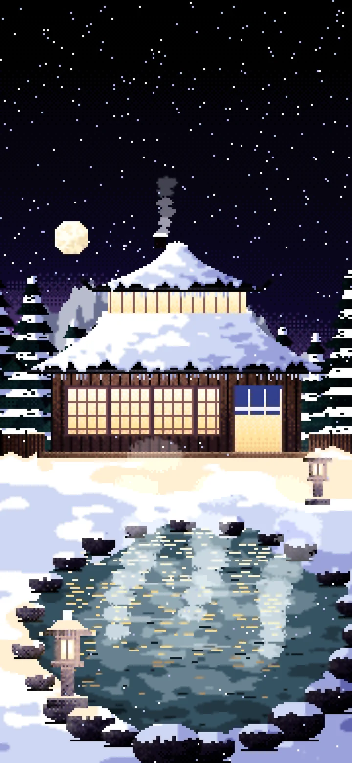 Black Pixel Art Japanese Onsen in the Snow wallpaper for iPhone and Android