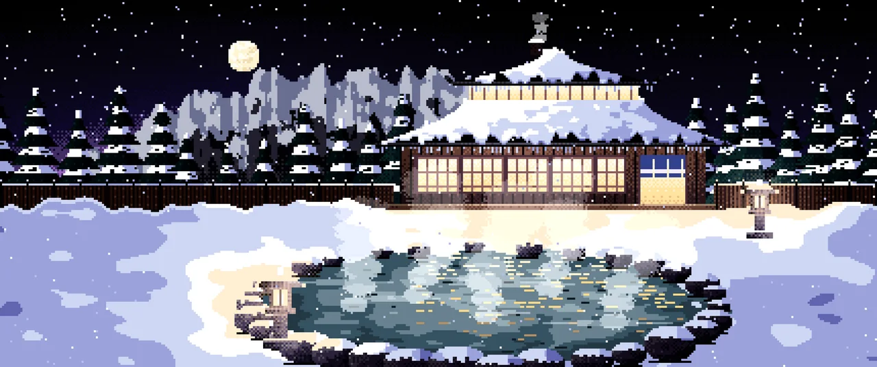 Black Pixel Art Japanese Onsen in the Snow ultrawide wallpaper, 3440 × 1440