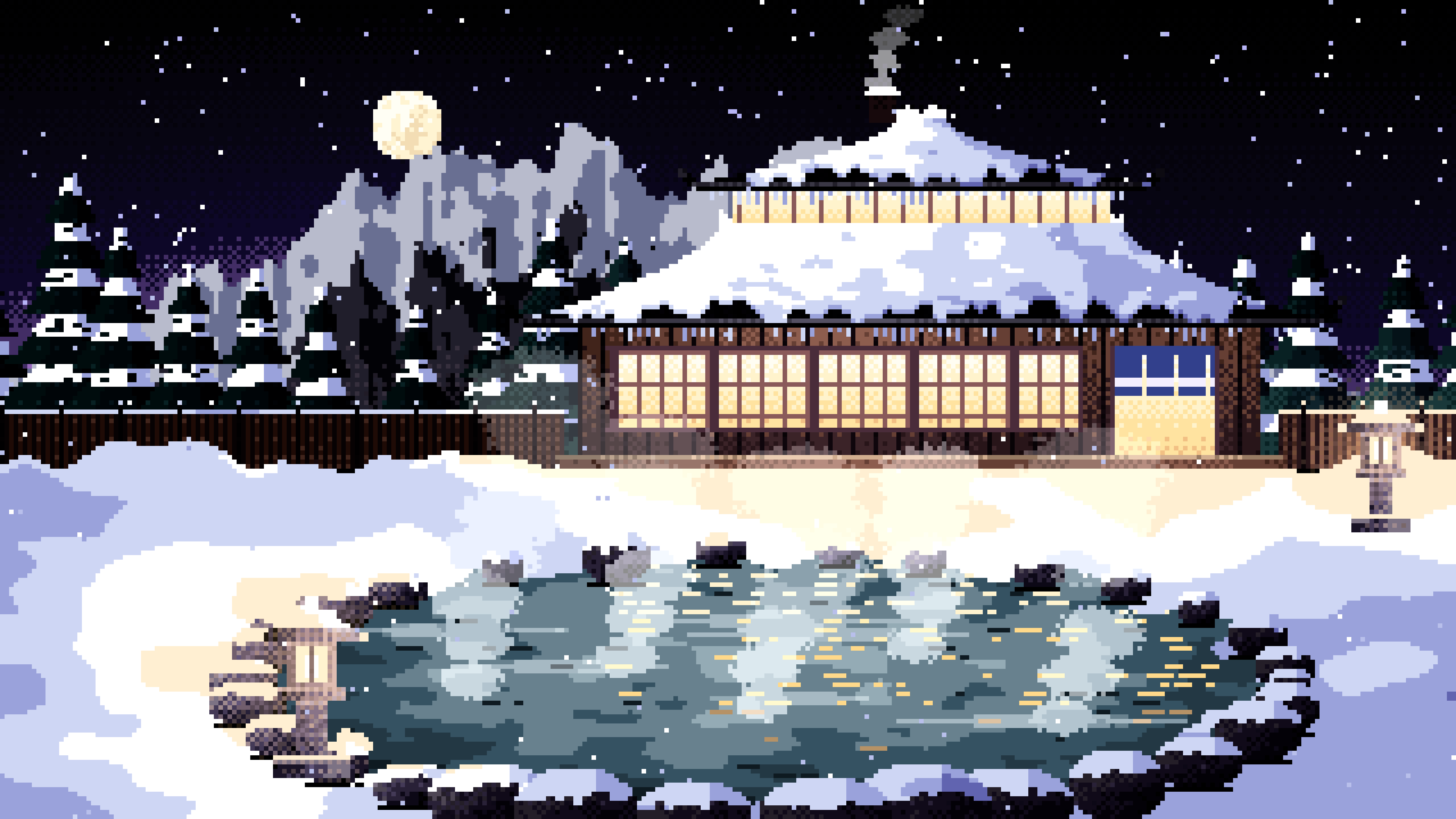 Black Pixel Art Japanese Onsen in the Snow desktop wallpaper in 4K