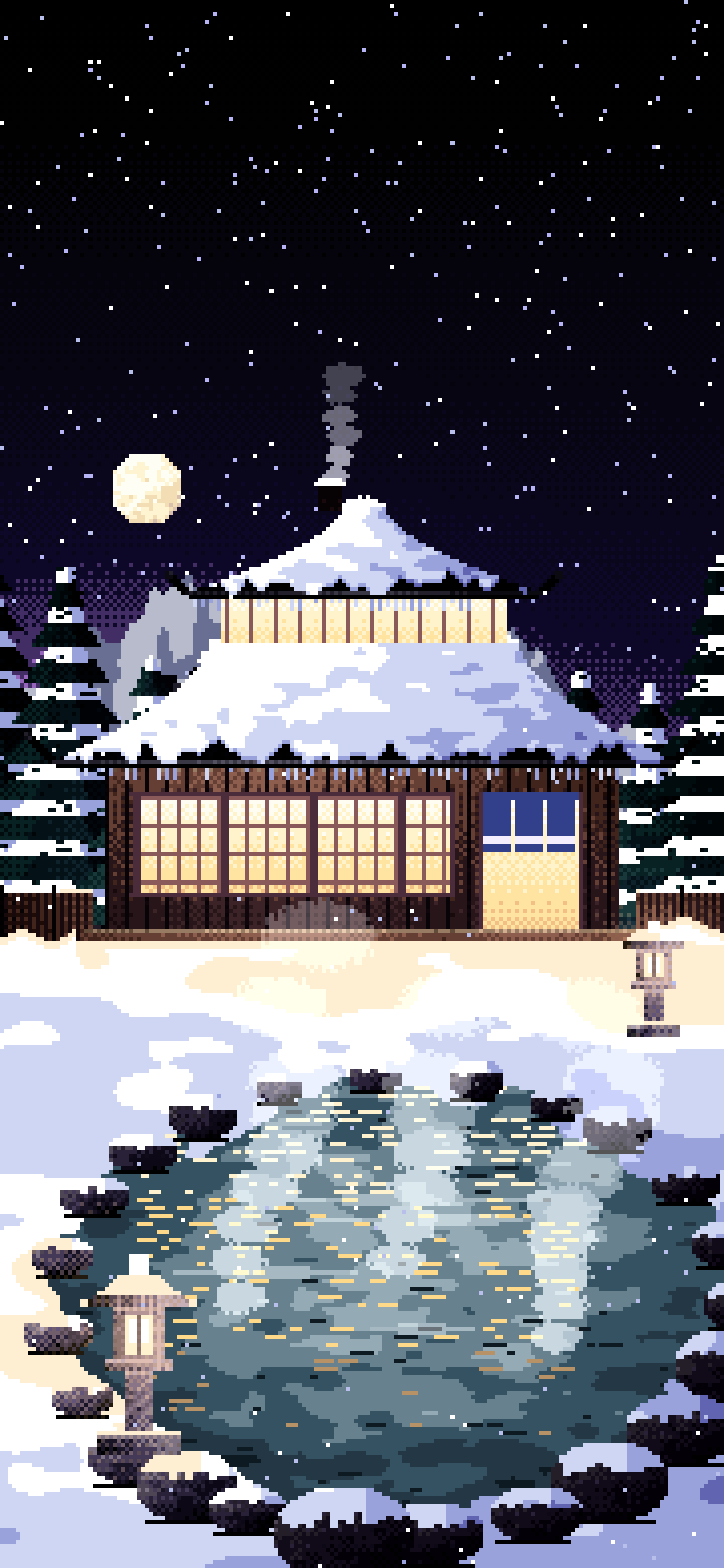 Black Pixel Art Japanese Onsen in the Snow wallpaper for iPhone and Android