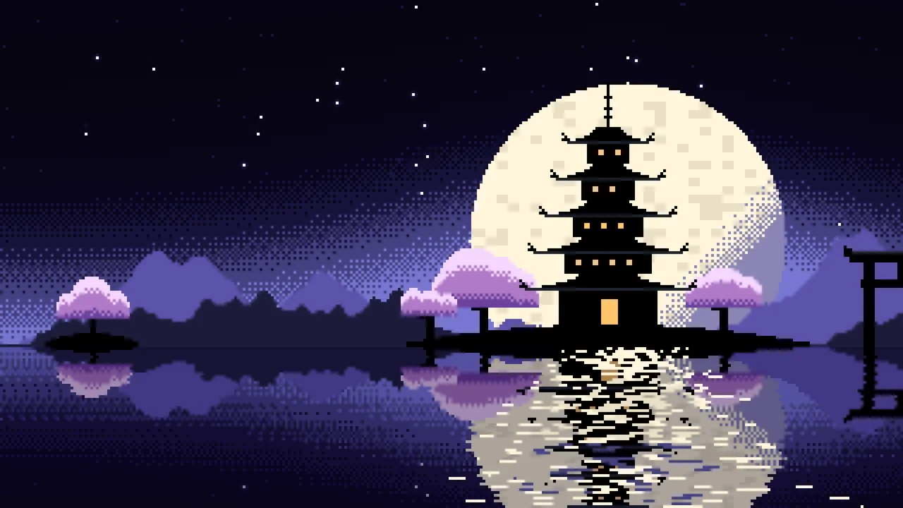 Black Pixel Art Japanese Temple desktop wallpaper in 4K