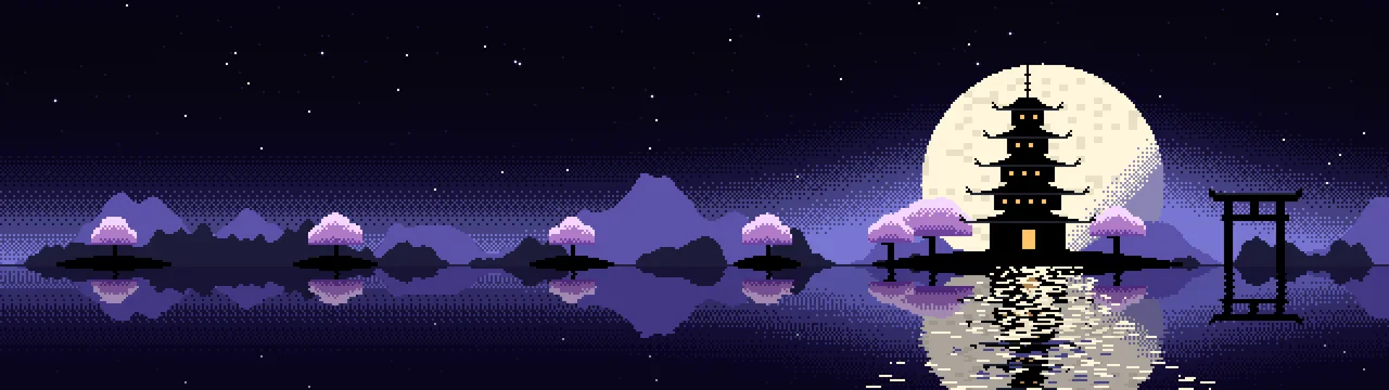 Black Pixel Art Japanese Temple dual monitor wallpaper, 7680 × 2160