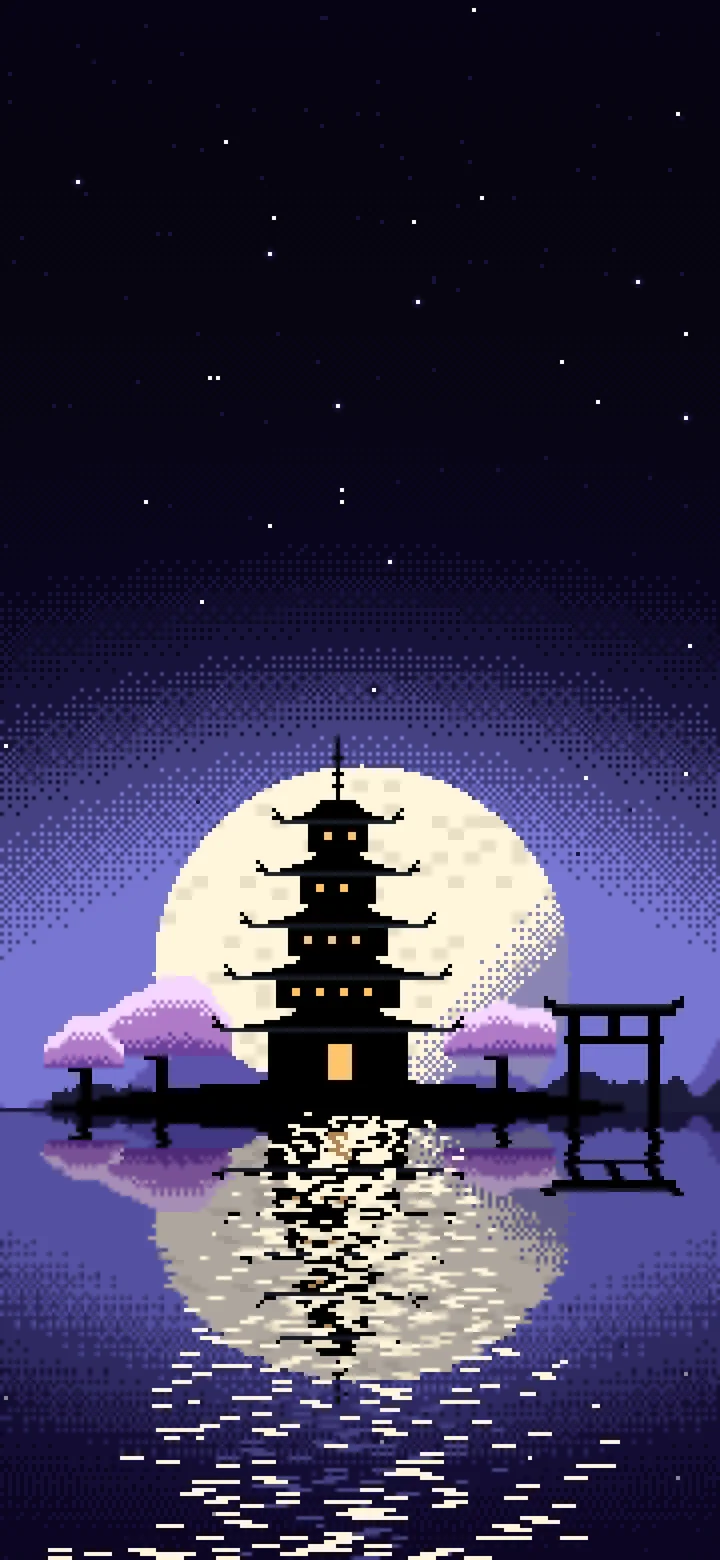 Black Pixel Art Japanese Temple wallpaper for iPhone and Android