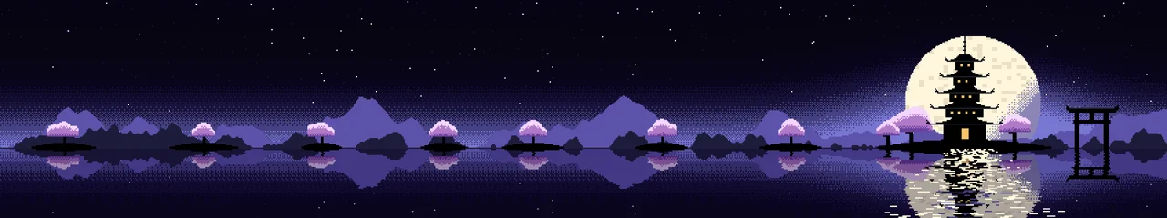 Black Pixel Art Japanese Temple triple monitor wallpaper, 7680 × 1440