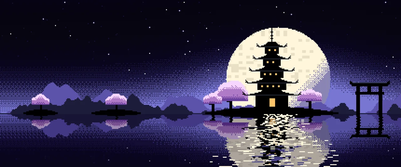 Black Pixel Art Japanese Temple ultrawide wallpaper, 3440 × 1440
